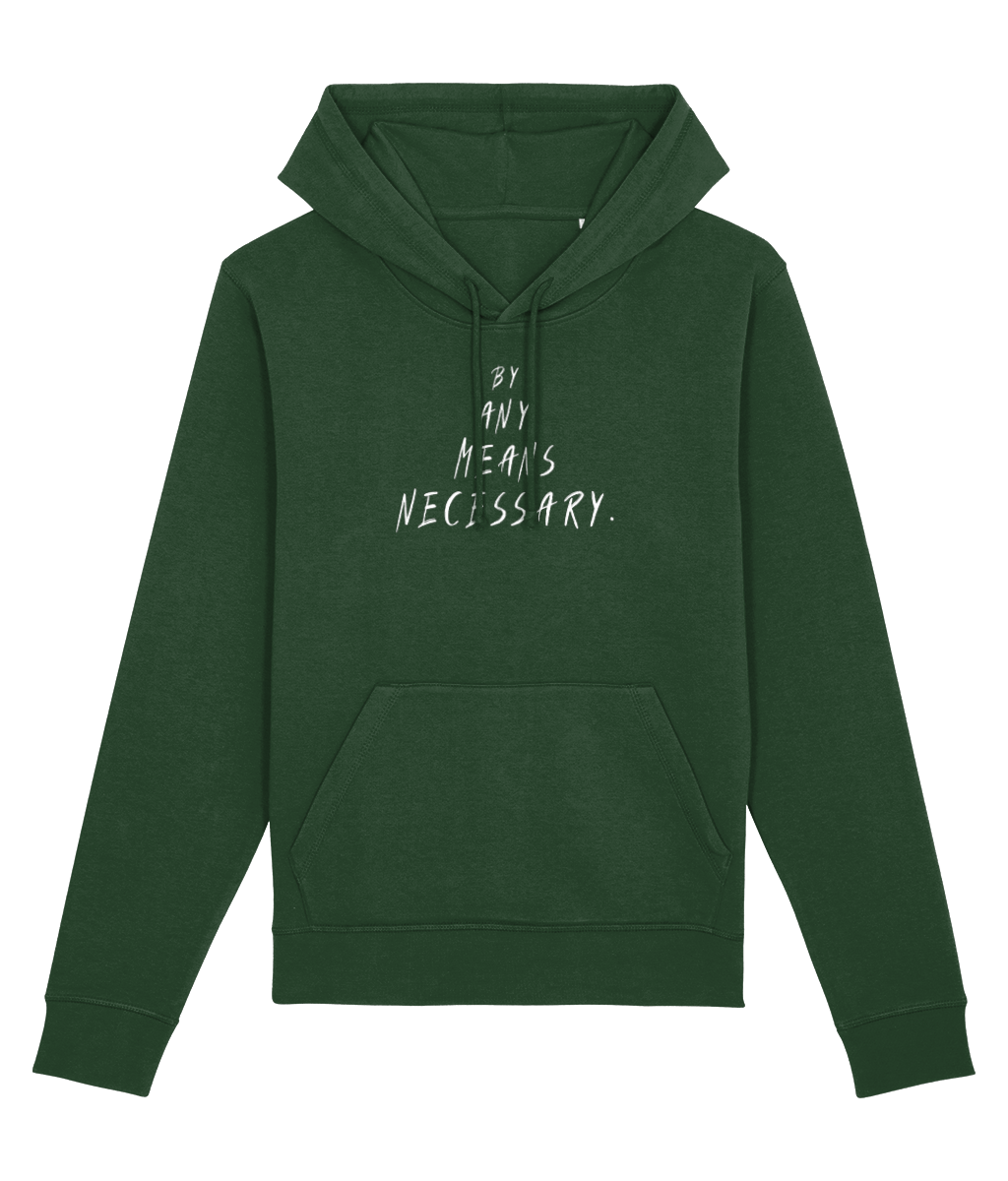 Green graphic hoodie with ‘By Any Means Necessary’ slogan