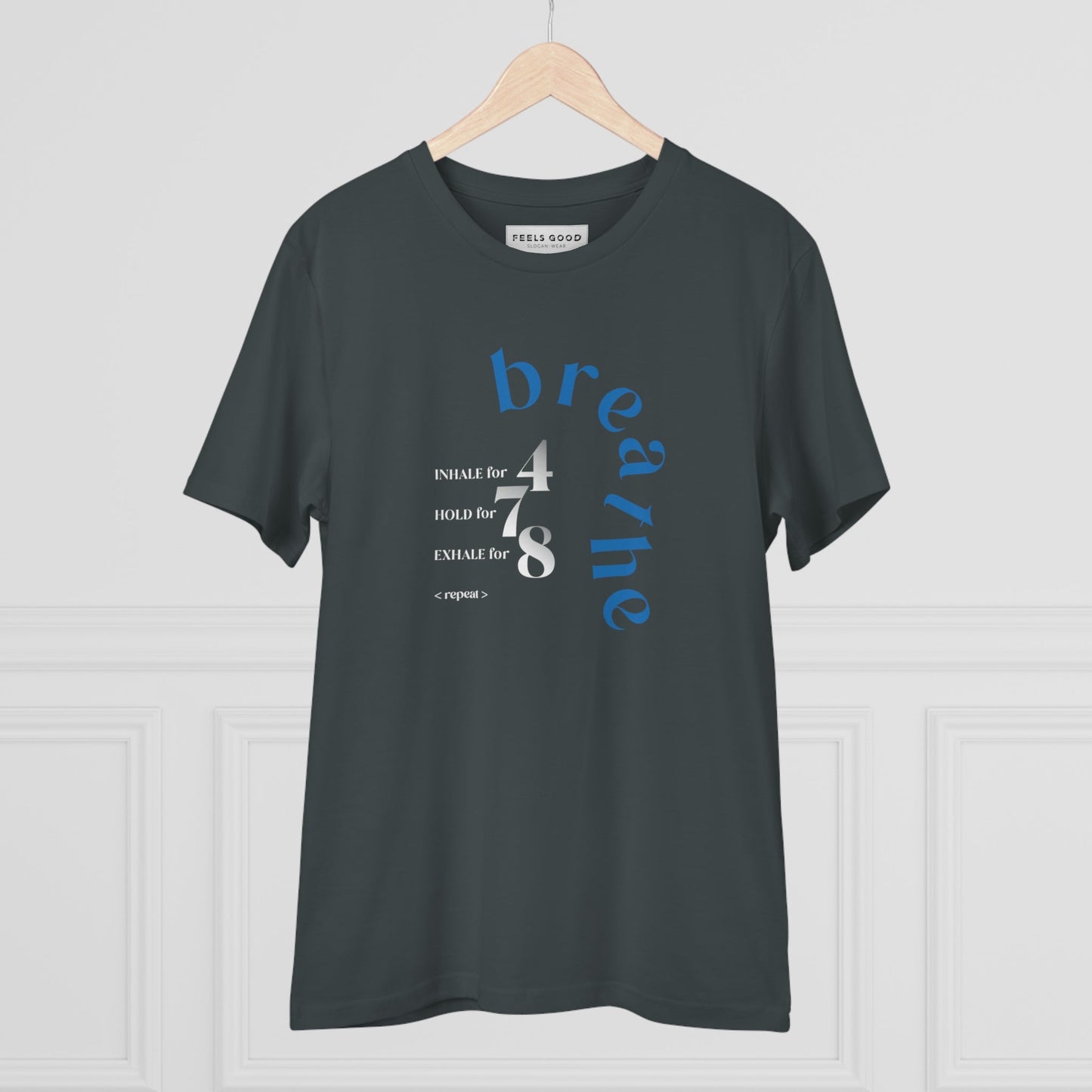 Stylish best t-shirt: Meditation 'Breathe' organic cotton look.
