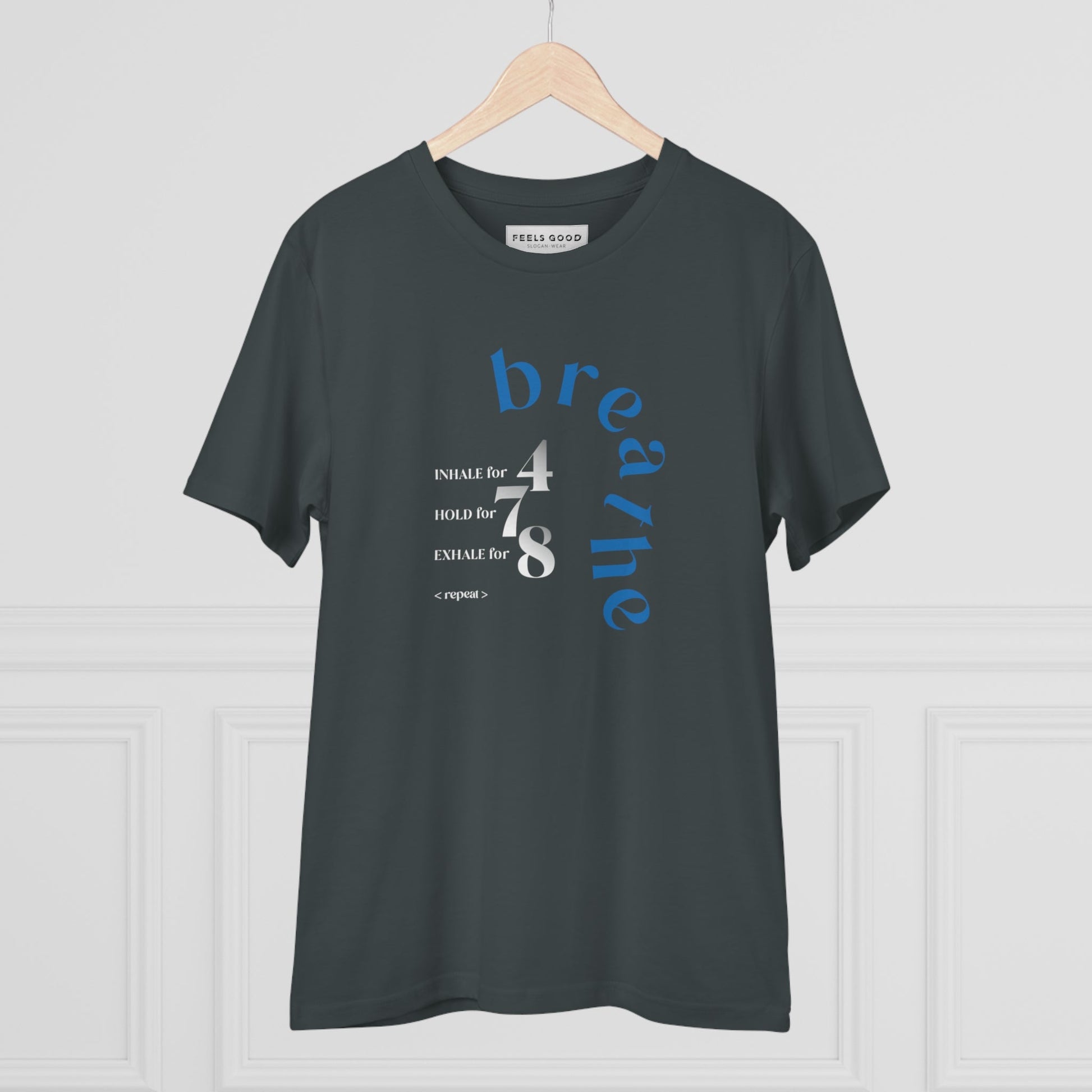 Stylish best t-shirt: Meditation 'Breathe' organic cotton look.
