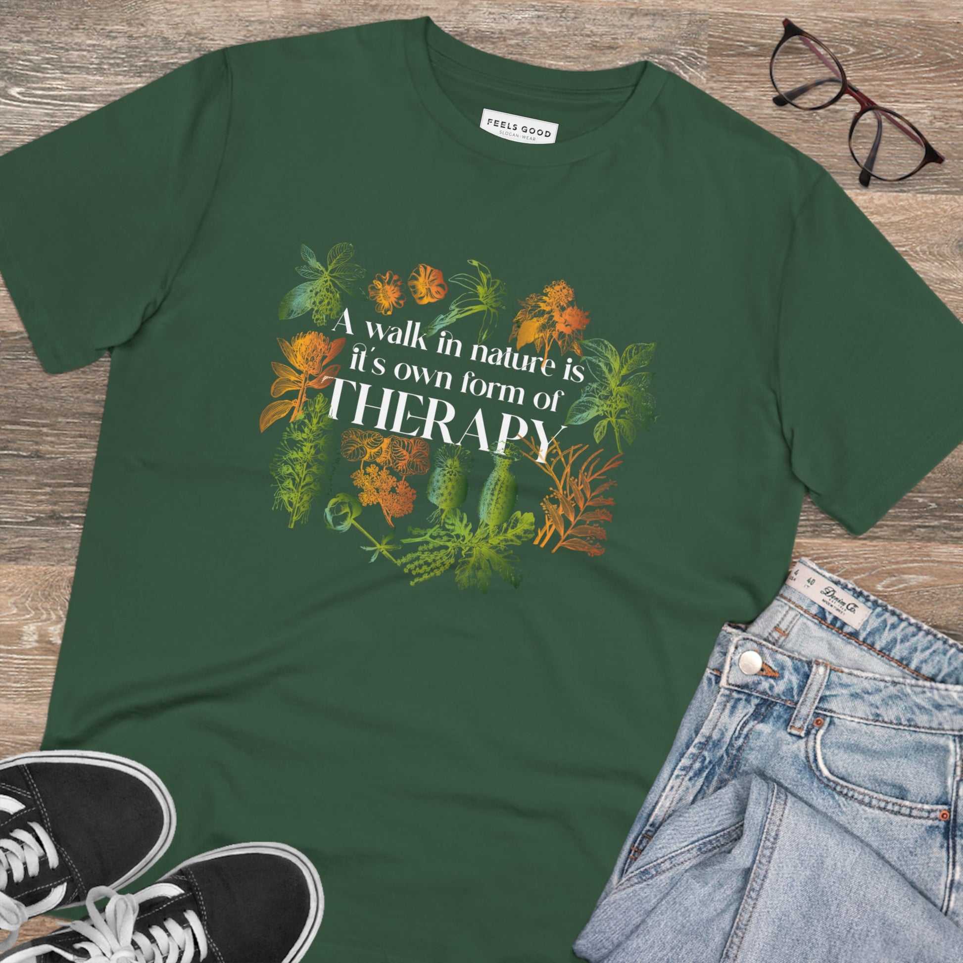 Women's walking t-shirts just got a new look with the "Walk In Nature Therapy" organic tee.