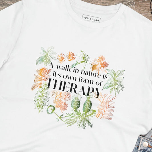 Shop the "Walk In Nature Therapy" organic cotton t-shirt, perfect for your next shirt adventure.