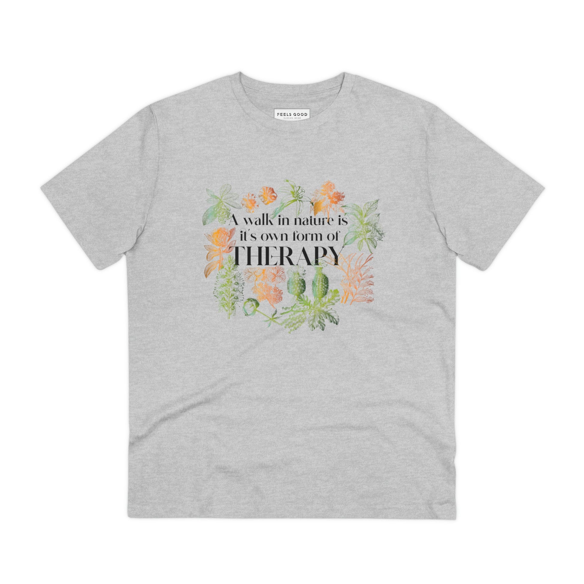 "Walk In Nature Therapy" organic cotton t-shirt: Perfect for travel and nature enthusiasts.