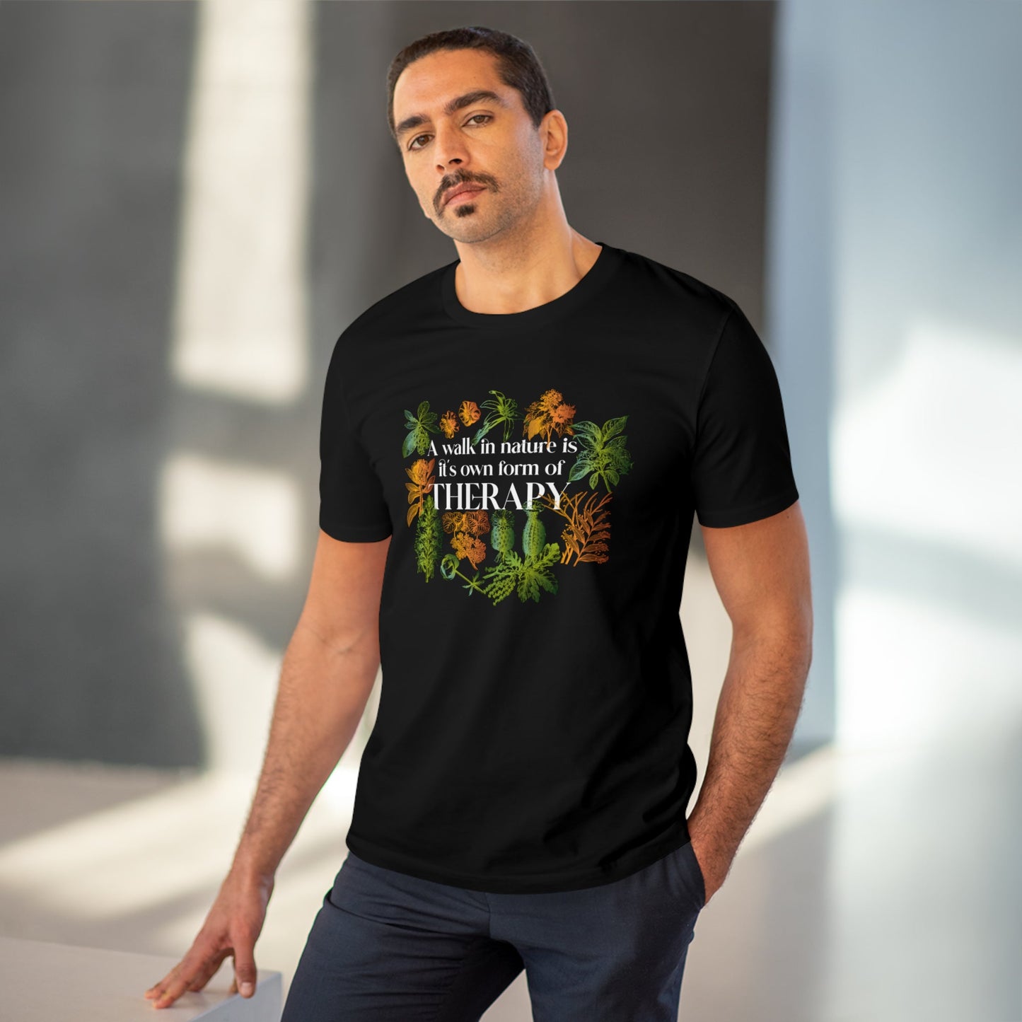 "Walk In Nature Therapy" organic cotton t-shirt—perfect for healing through nature and travel.