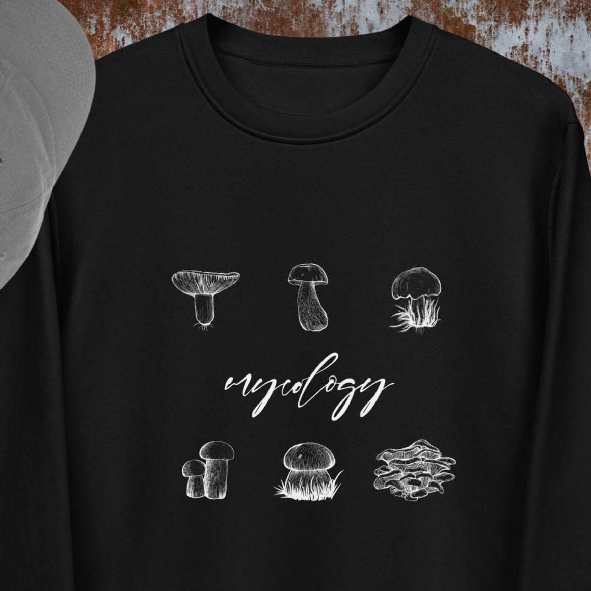 Stay cozy in the Nature 'Mycology' Mushroom organic cotton sweatshirt—perfect for adventure time!