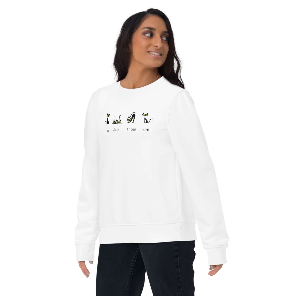 Animal lover sweatshirts like this feature four quirky French cats on organic fabric

