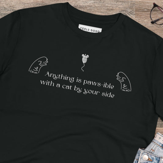 Organic cotton 'Anything Is Pawsible' funny cat t-shirt for cat lovers.

