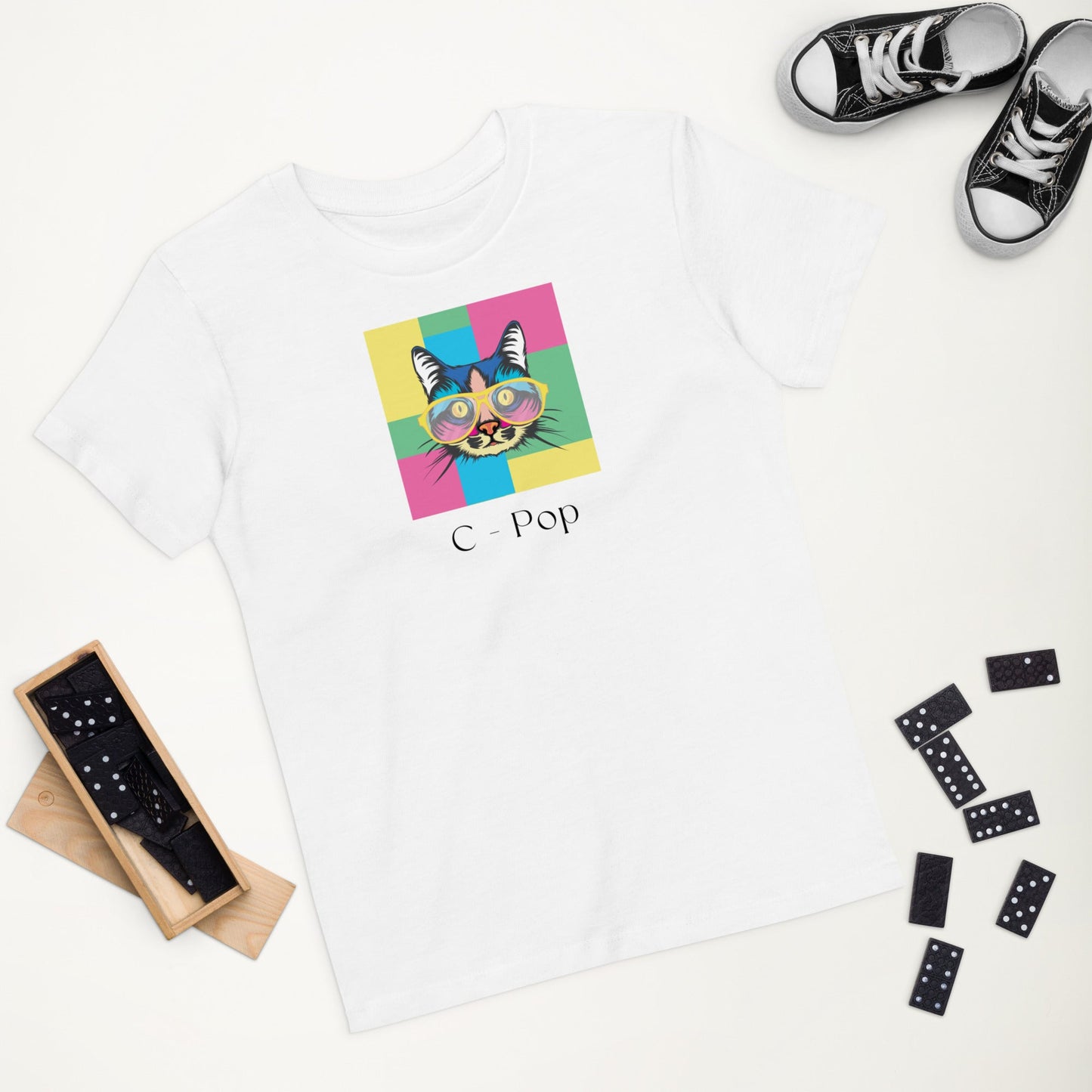 Shop Organic Cotton 'C-Pop' Kids Funny Cat T-shirt for gender-neutral kids clothes.