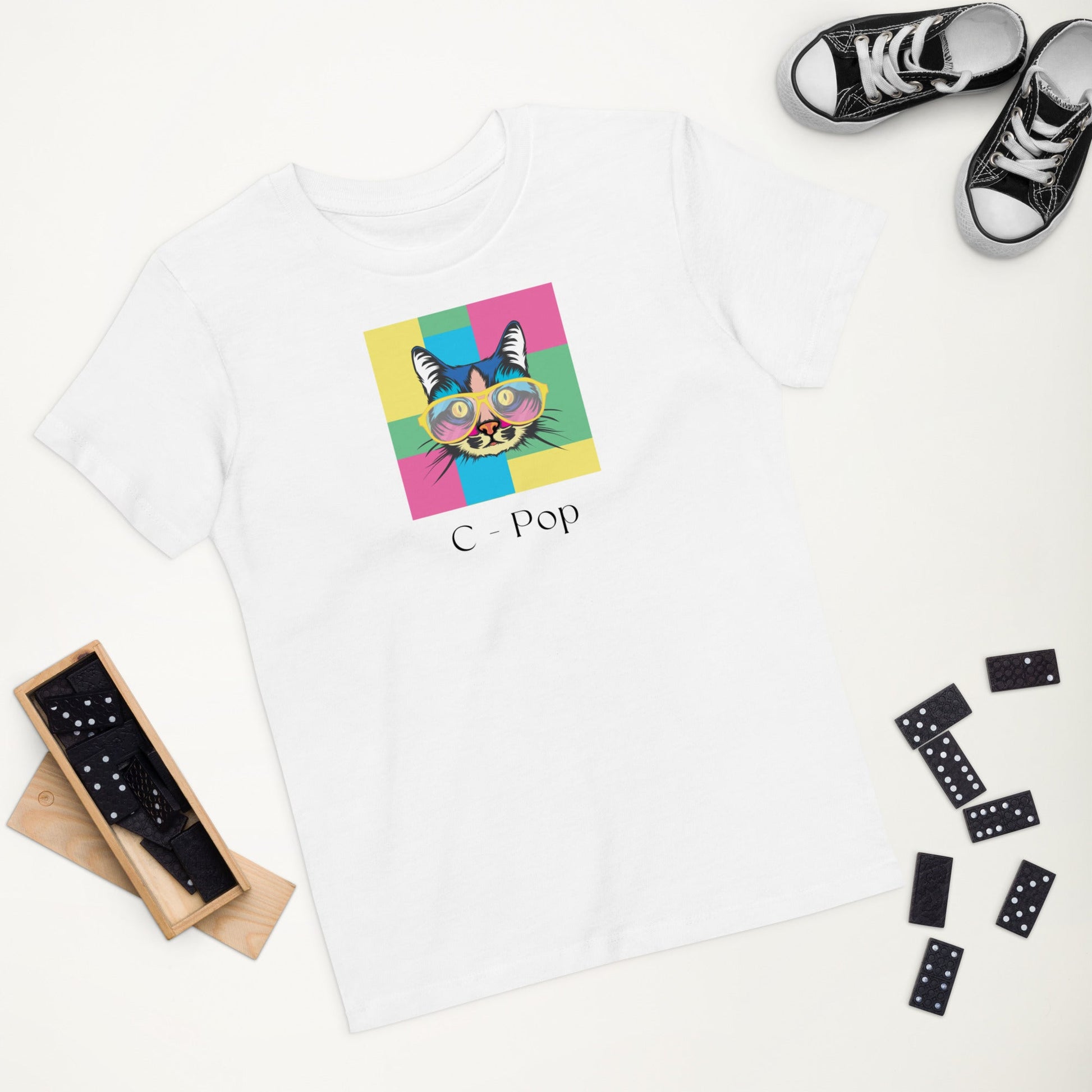 Shop Organic Cotton 'C-Pop' Kids Funny Cat T-shirt for gender-neutral kids clothes.