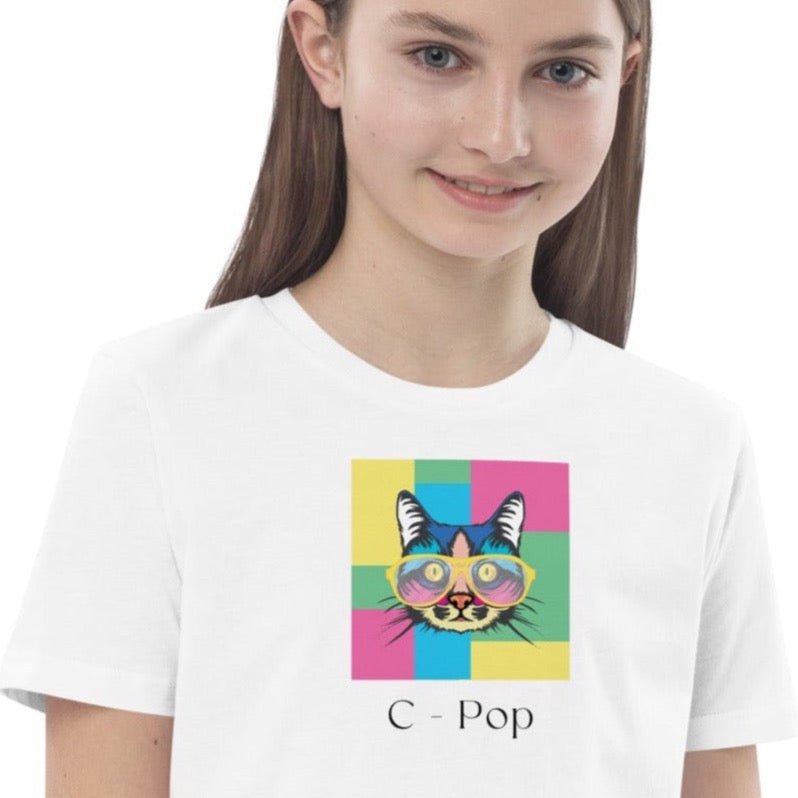 Organic Cotton 'C-Pop' Kids Funny Cat T-shirt - Cute children's animal print t-shirts.