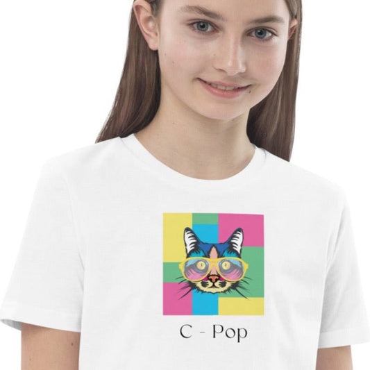 Organic Cotton 'C-Pop' Kids Funny Cat T-shirt - Cute children's animal print t-shirts.
