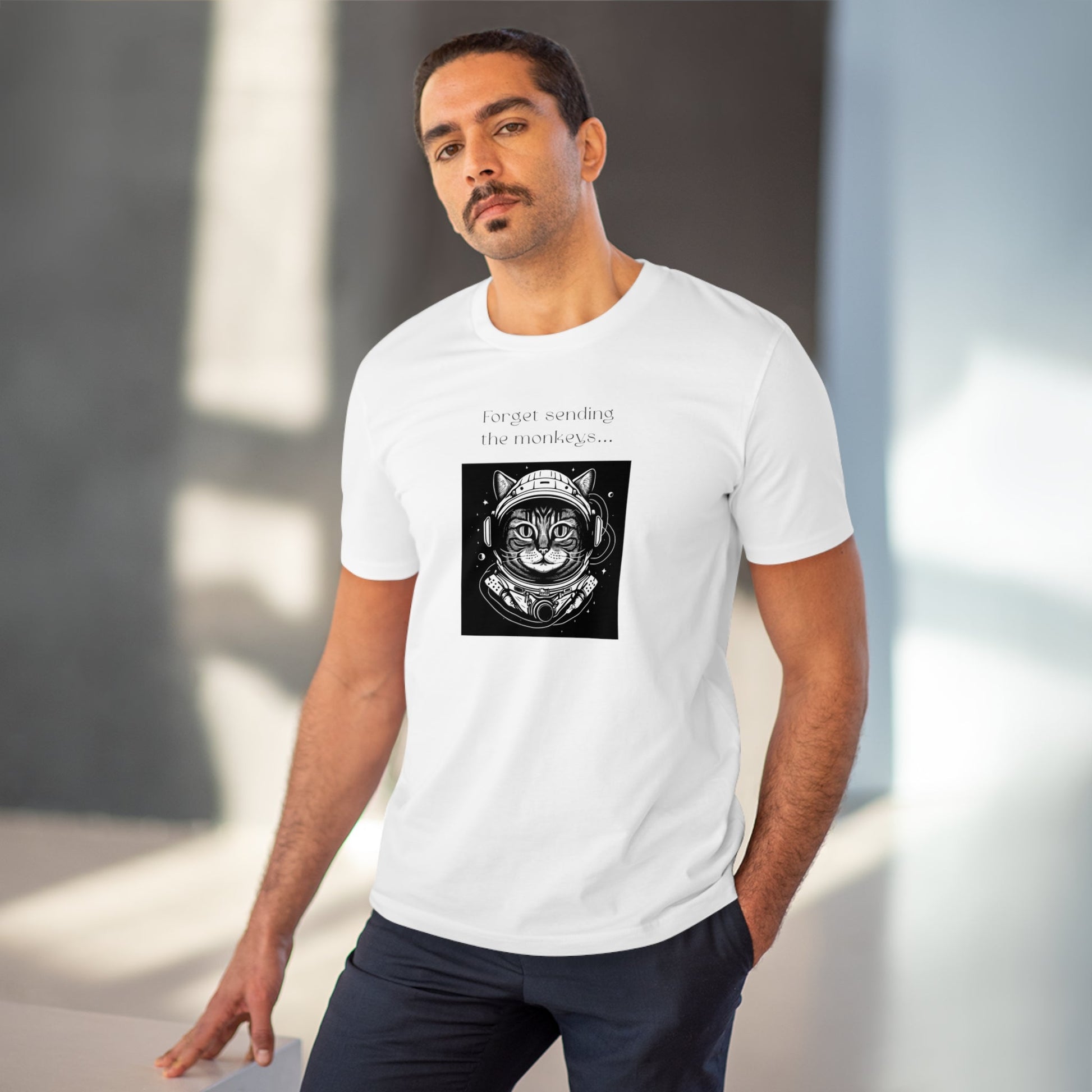 Funny cat t-shirt featuring astronaut design for guys.


