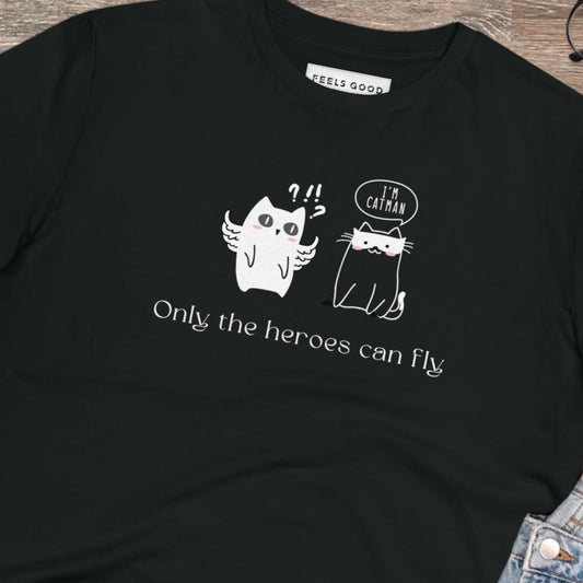 Funny cat graphic Organic Cotton 'Cat Heroes' T-shirt, perfect for animal lovers' wardrobe.


