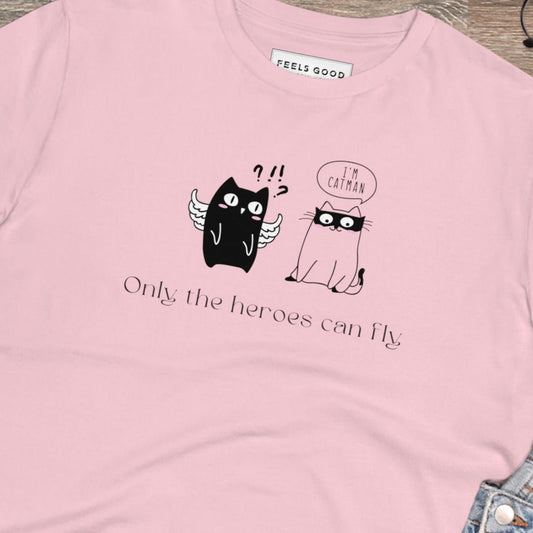 Organic Cotton 'Cat Heroes' Funny Cat T-shirt, perfect for cat lovers and casual wear.

