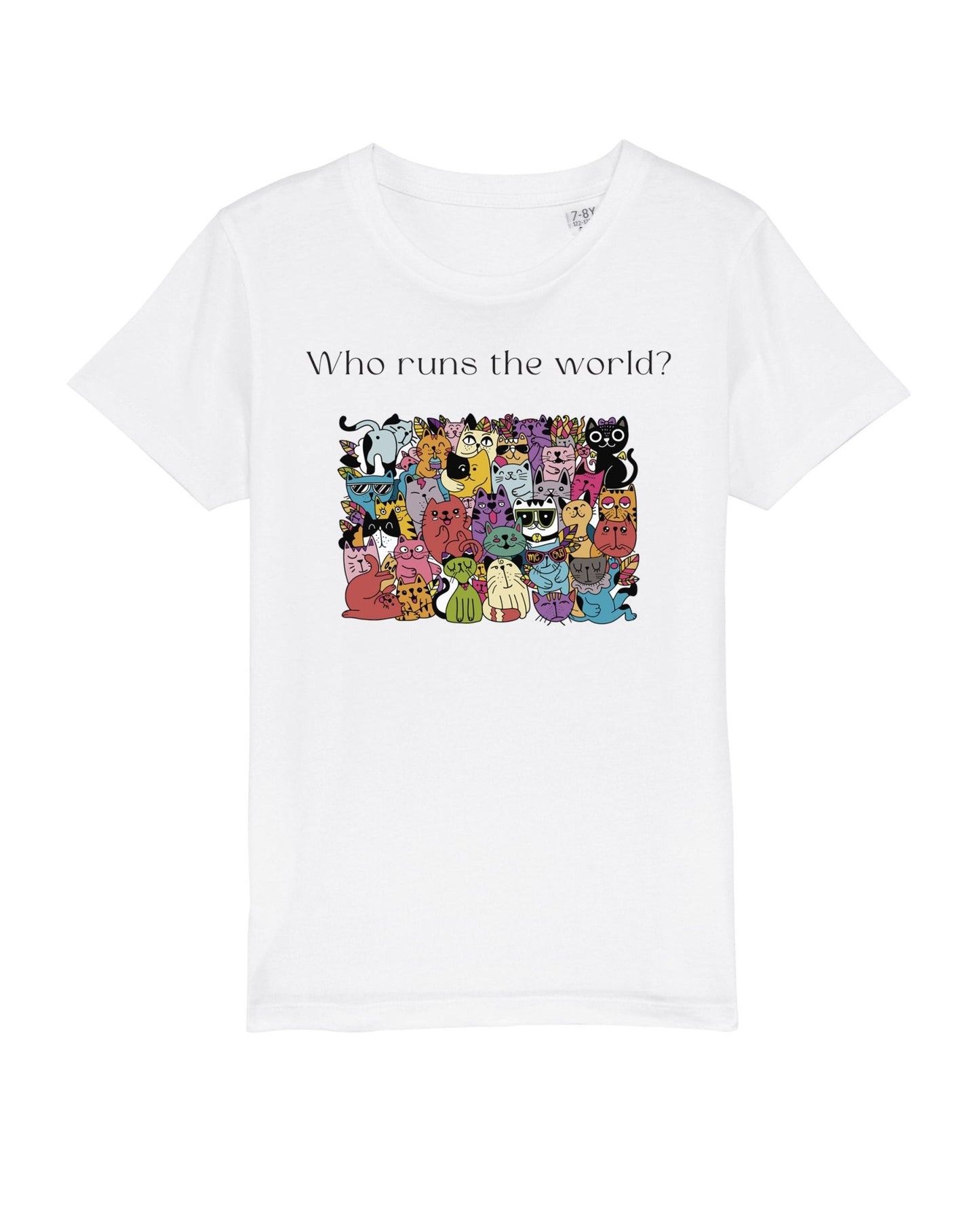 Kids funny cat tee – Organic Cotton 'Cats Run The World', animal print vibe

