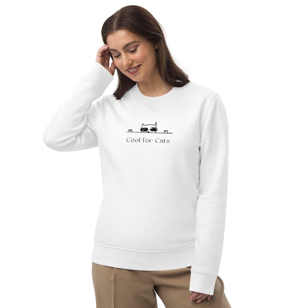 Stay warm & stylish in the Organic Cotton 'Cool For Cats' Funny Cat Sweatshirt – the best animal lover sweatshirts.

