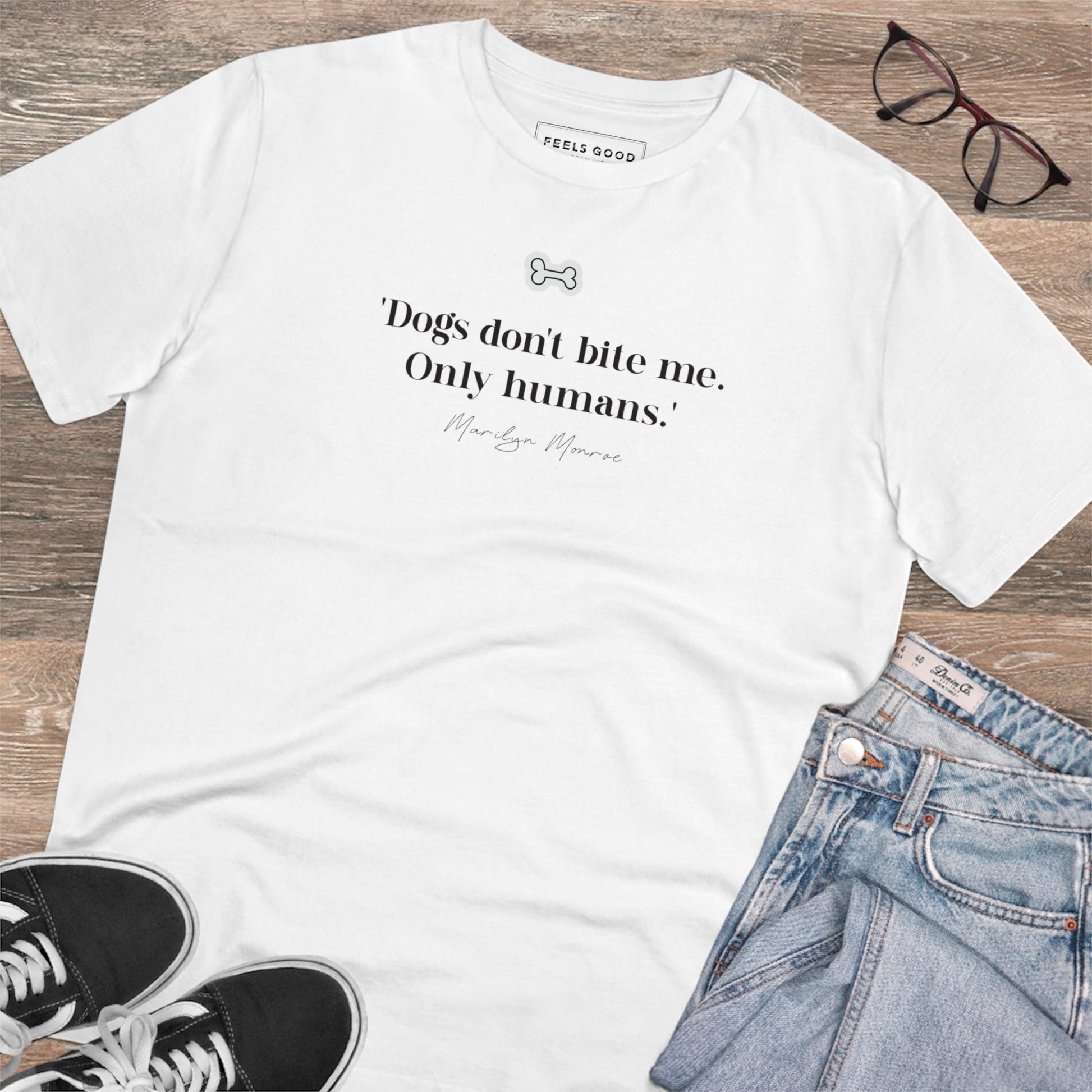 Gift the Organic Cotton 'Dogs Don't Bite' Marilyn Dog T-shirt to an animal-loving friend.