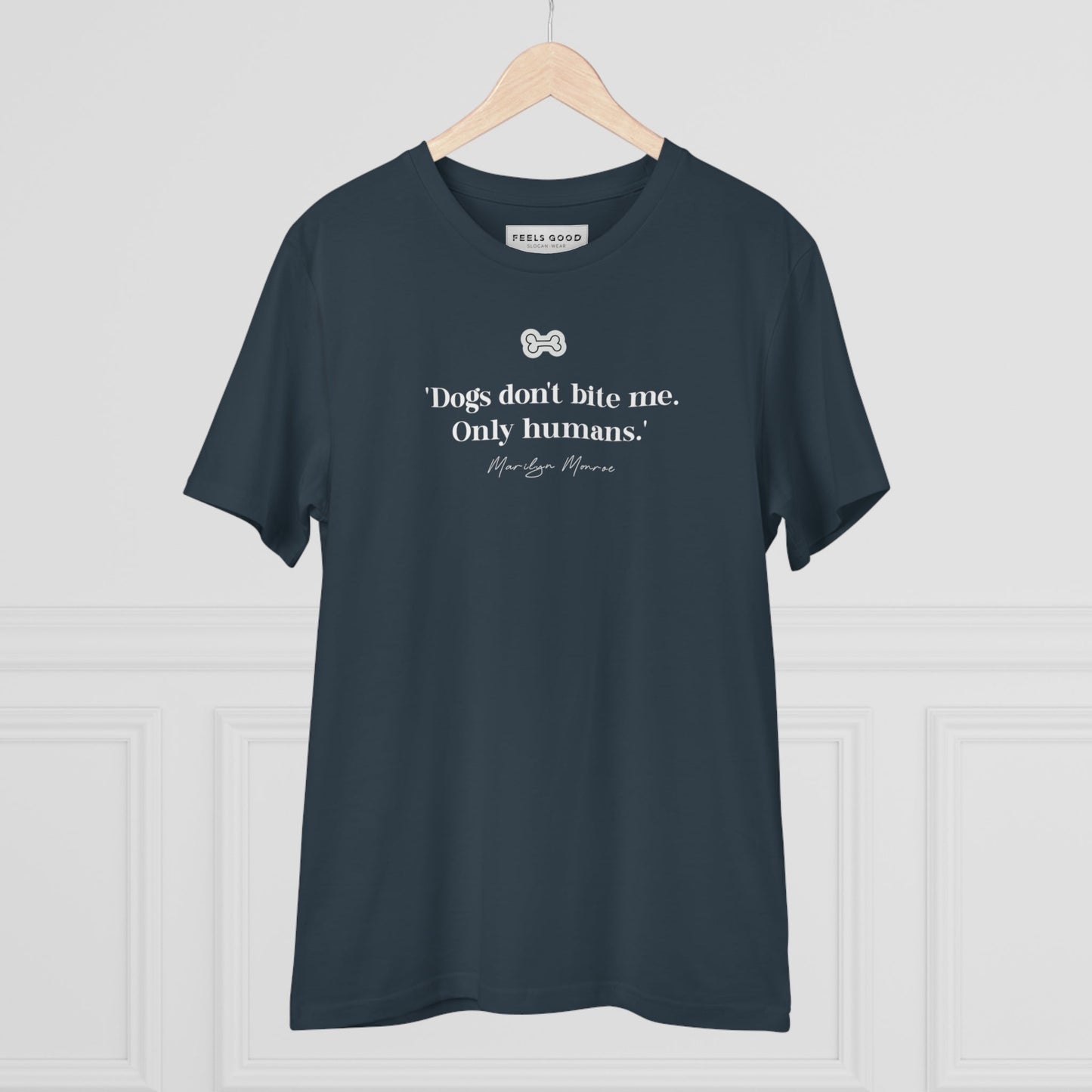 Organic Cotton 'Dogs Don't Bite' Marilyn Dog T-shirt – a dog t shirt designed for dog enthusiasts.