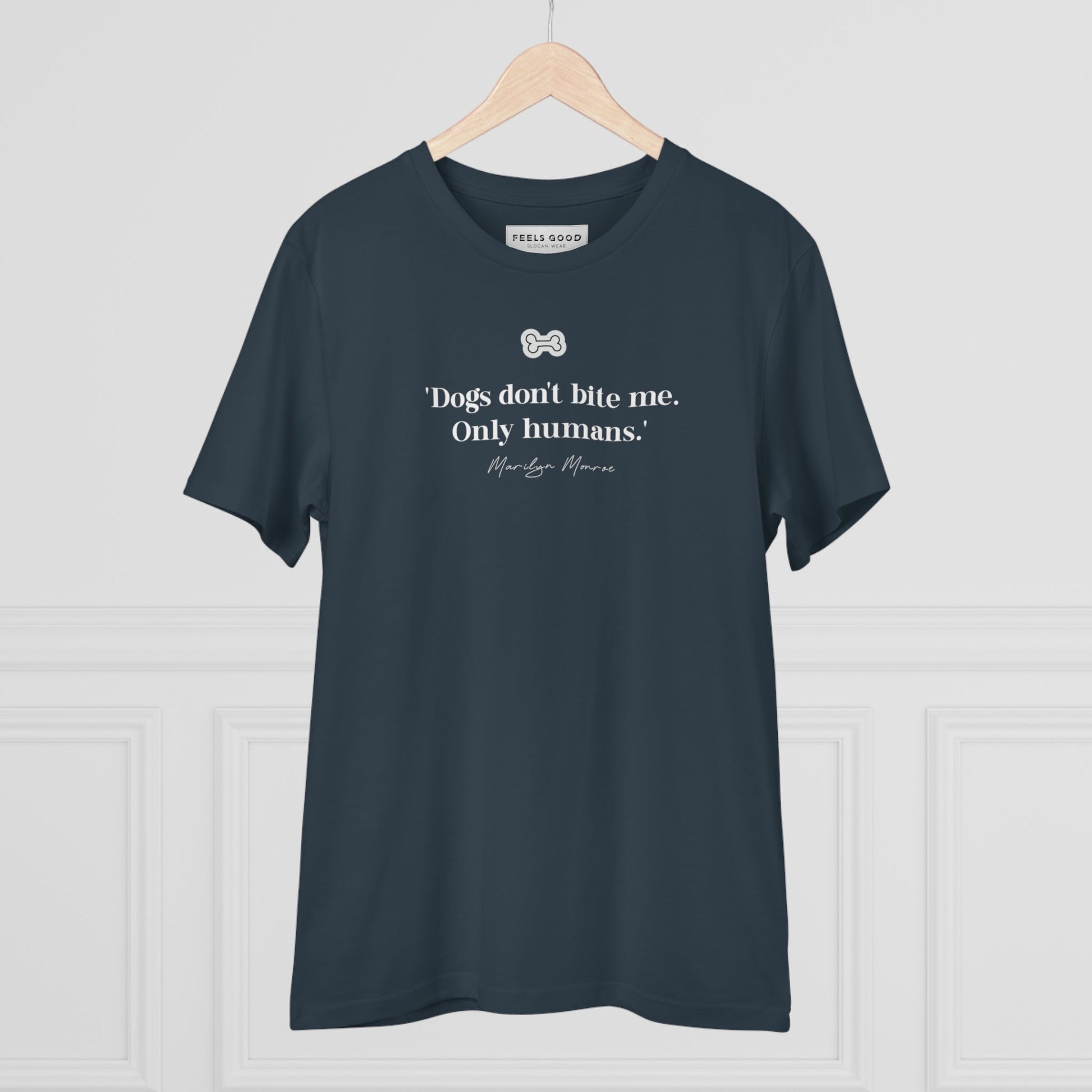 Organic Cotton 'Dogs Don't Bite' Marilyn Dog T-shirt – a dog t shirt designed for dog enthusiasts.