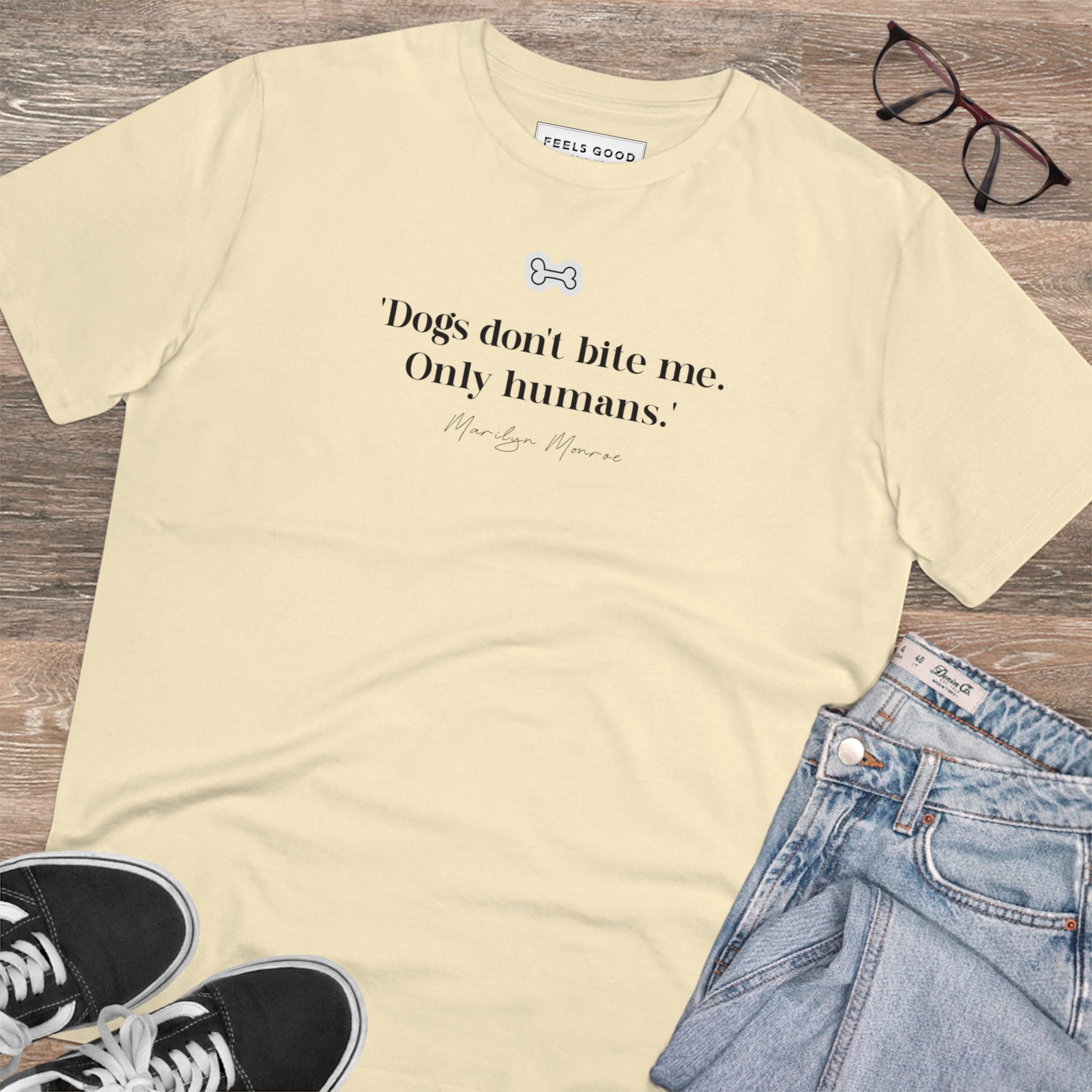 Organic Cotton 'Dogs Don't Bite' Marilyn Dog T-shirt – for lovers of t shirts with cats and dogs.