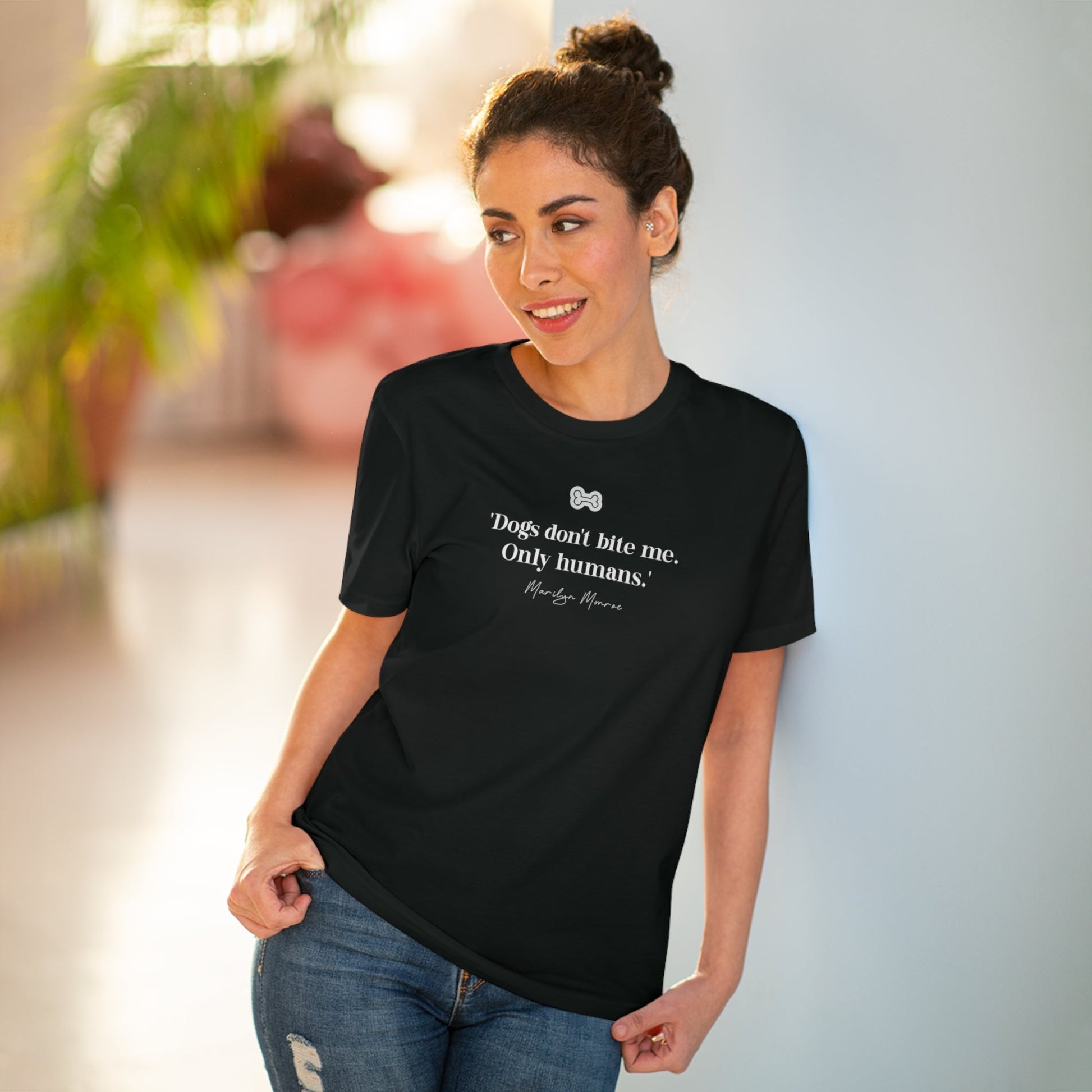 Funny and stylish Organic Cotton 'Dogs Don't Bite' Marilyn Dog T-shirt for dog owners.