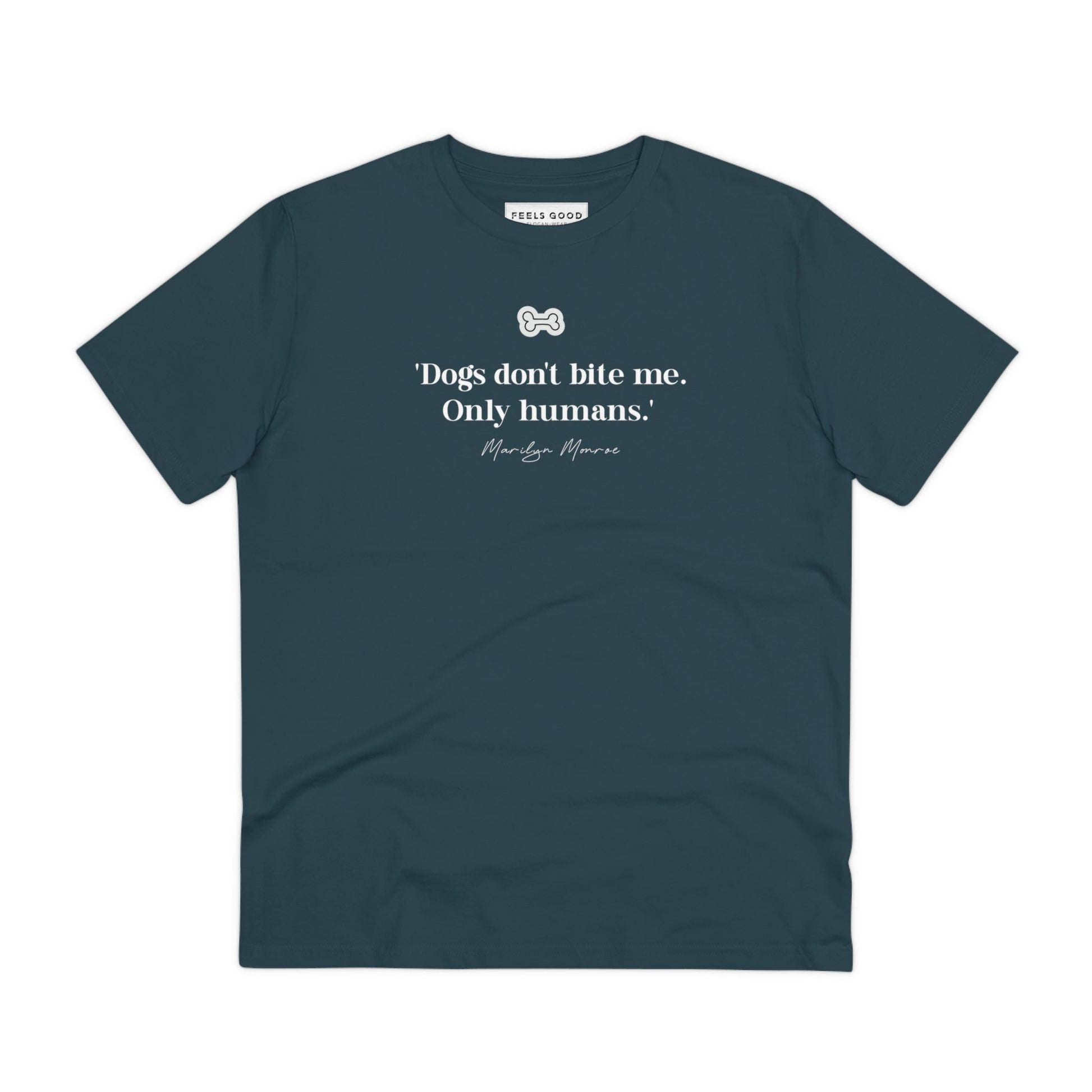 Show your love for dogs with the Organic Cotton 'Dogs Don't Bite' Marilyn Dog T-shirt.