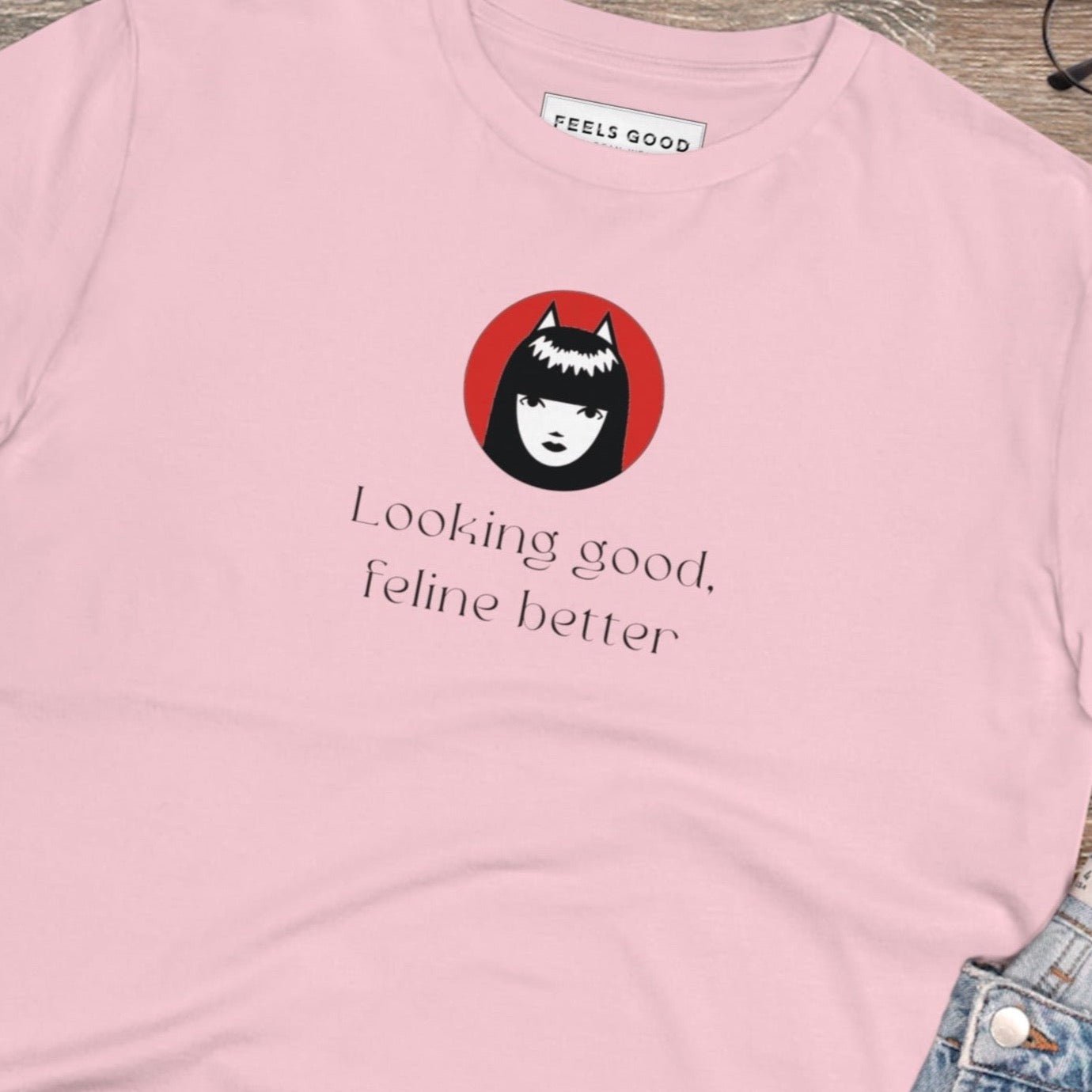 Funny cat t-shirt with 'Feline Better' design, a must-have for cat lovers.

