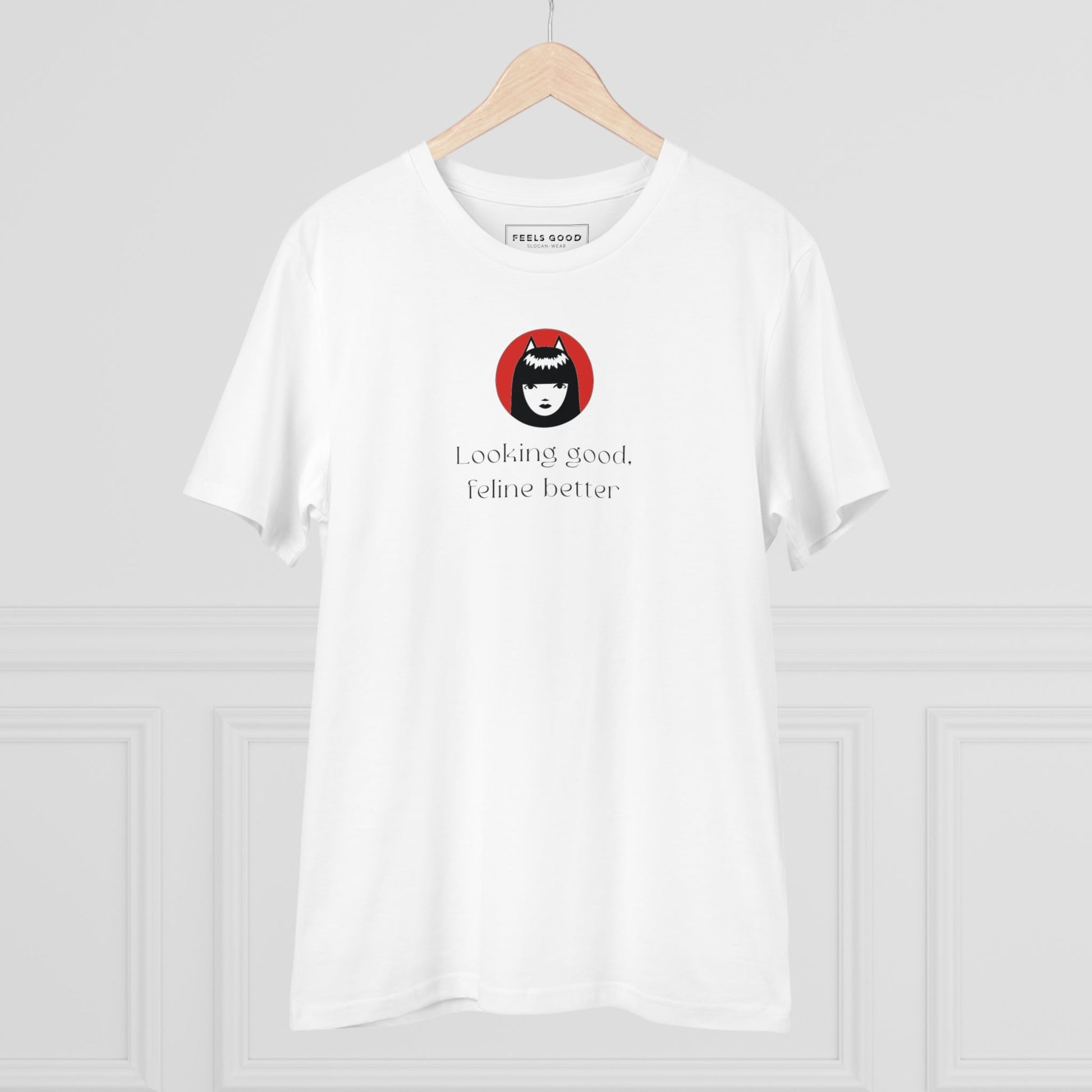 'Feline Better' graphic tee, a funny cat t-shirt for relaxed outfits.

