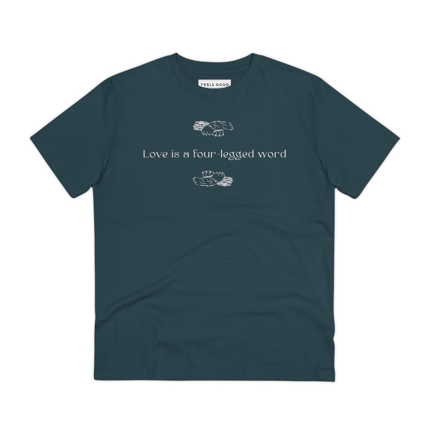 Pet lover t-shirts – Organic Cotton 'Four-Legged' Funny Cat T-shirt with a cute cat and dog slogan.
