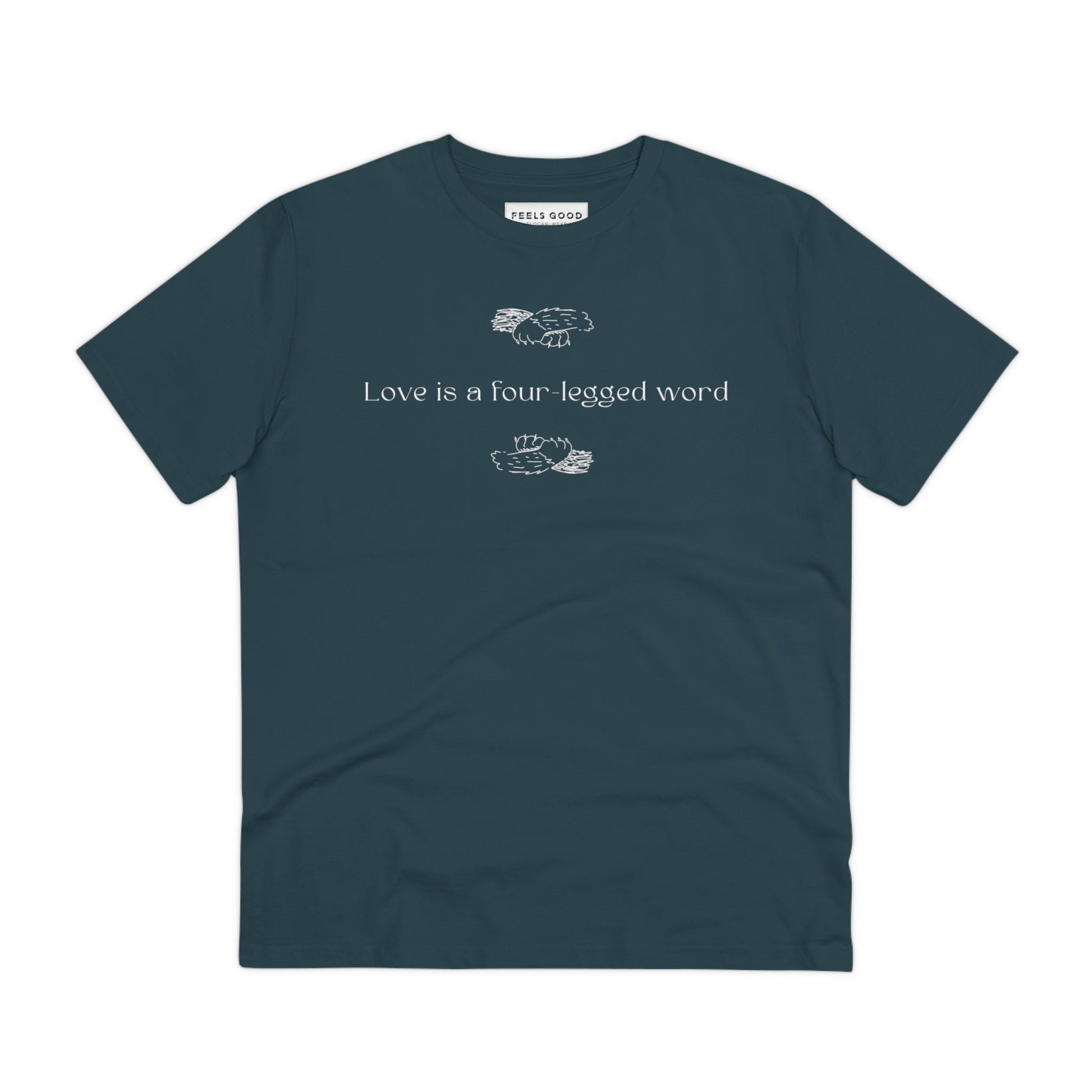 Pet lover t-shirts – Organic Cotton 'Four-Legged' Funny Cat T-shirt with a cute cat and dog slogan.

