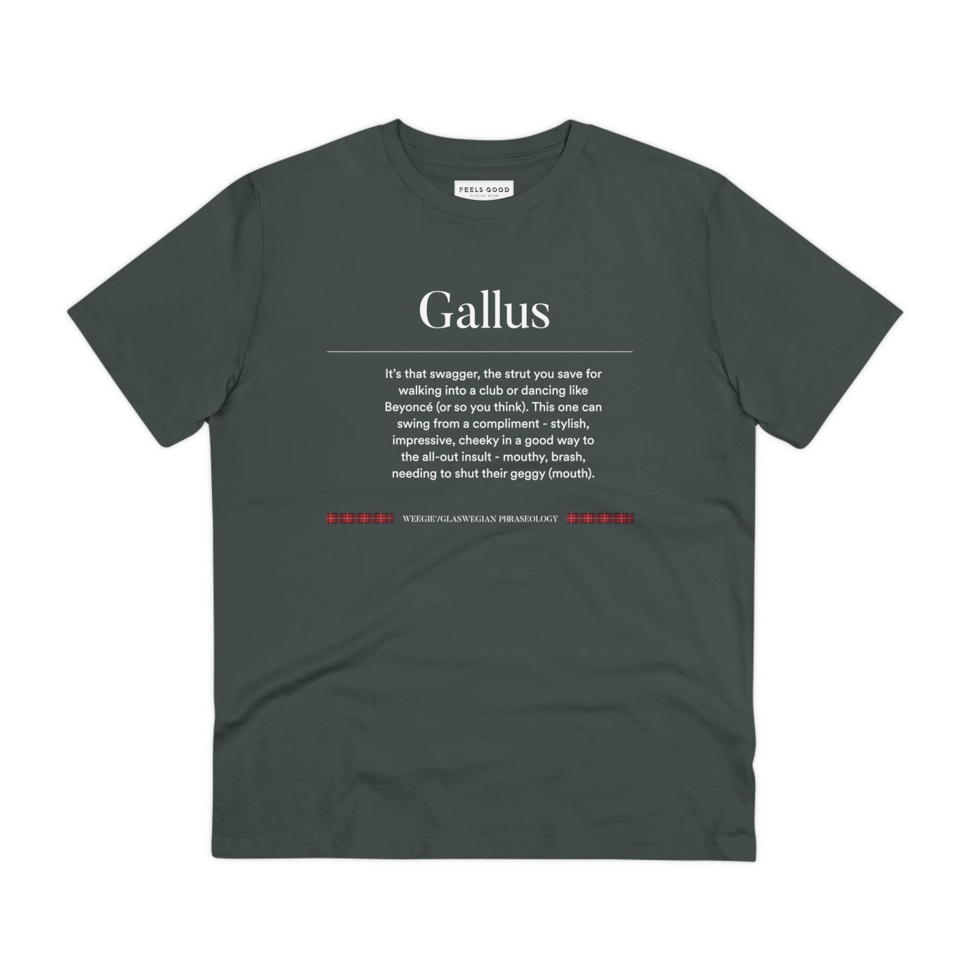 Show your Scottish pride with our organic cotton 'Gallus' Glaswegian Slang t-shirt—limited stock!