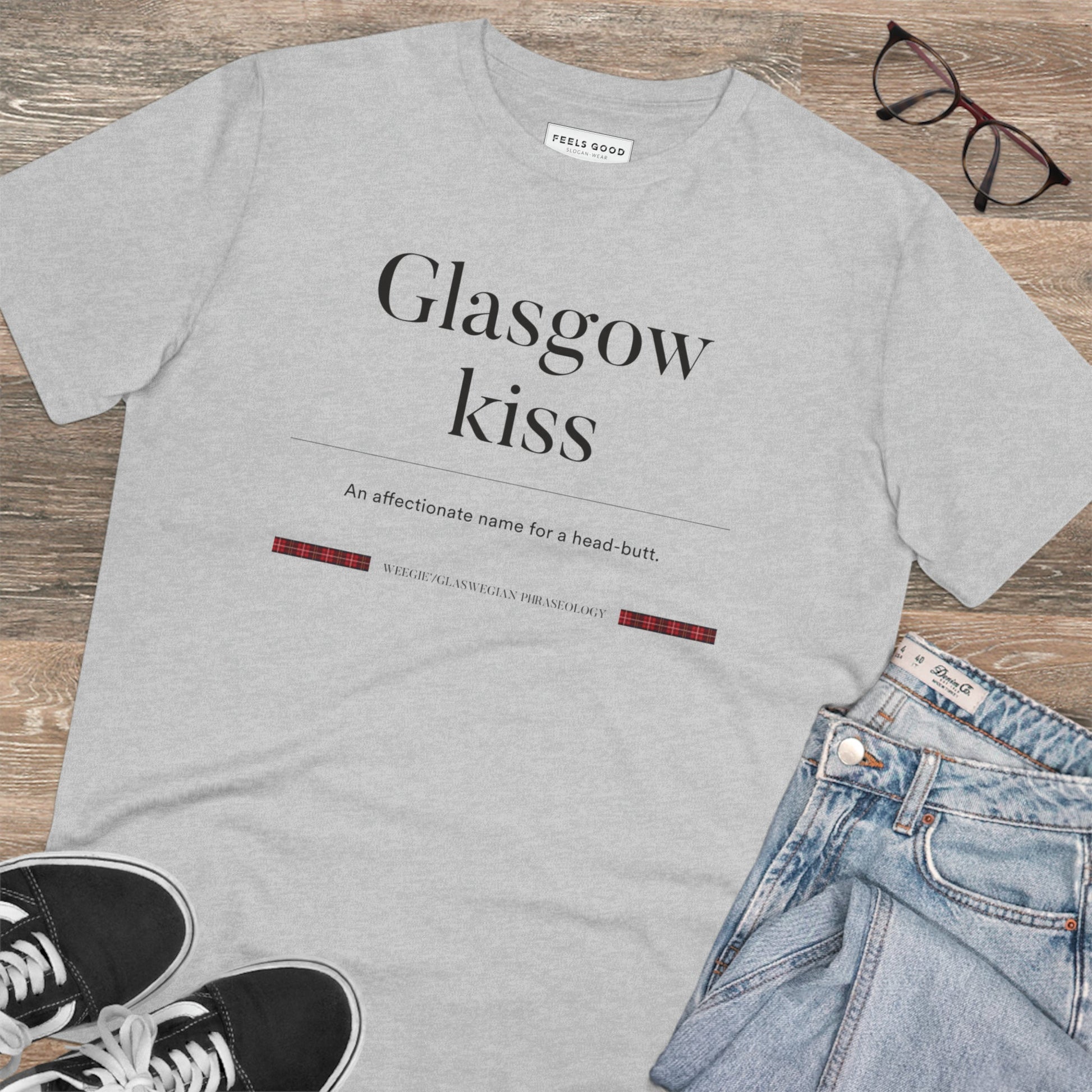 Grab your organic cotton 'Glasgow Kiss' Glaswegian Slang t-shirt, the best of Scotland tee shirts.