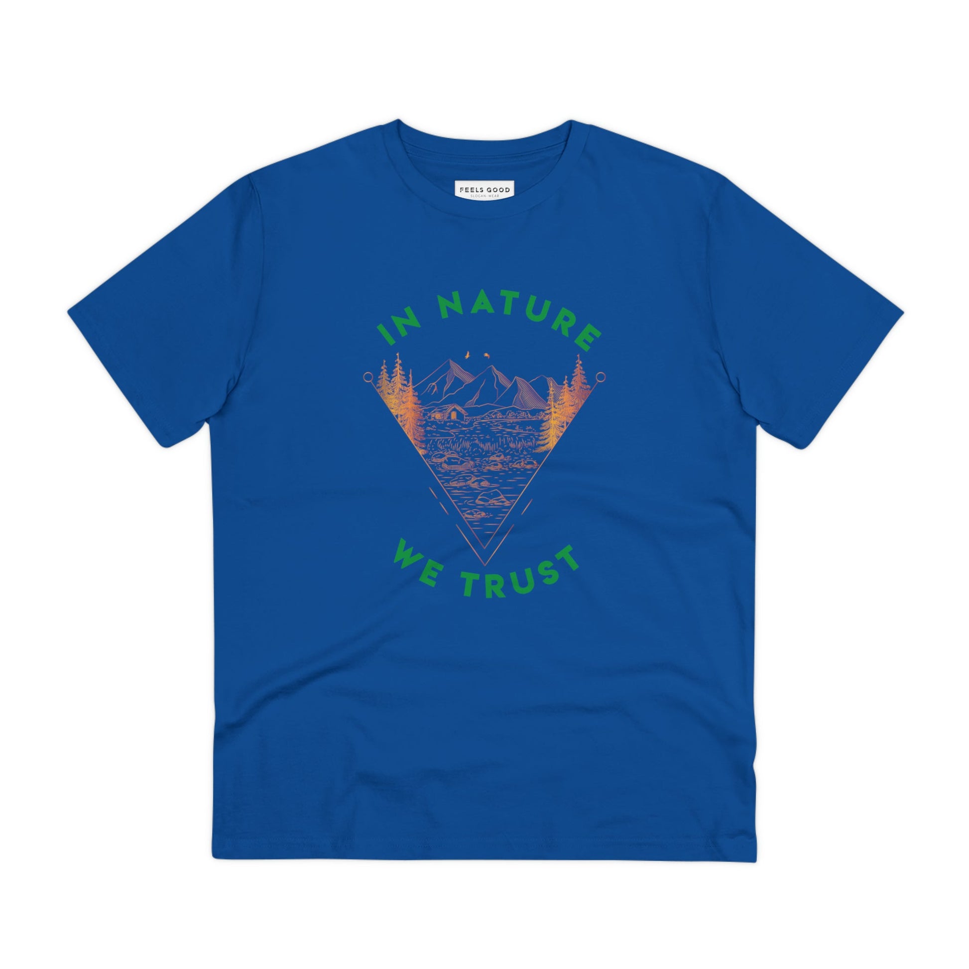 Stay eco-friendly and stylish in the organic cotton 'In Nature We Trust' t-shirt for travel.