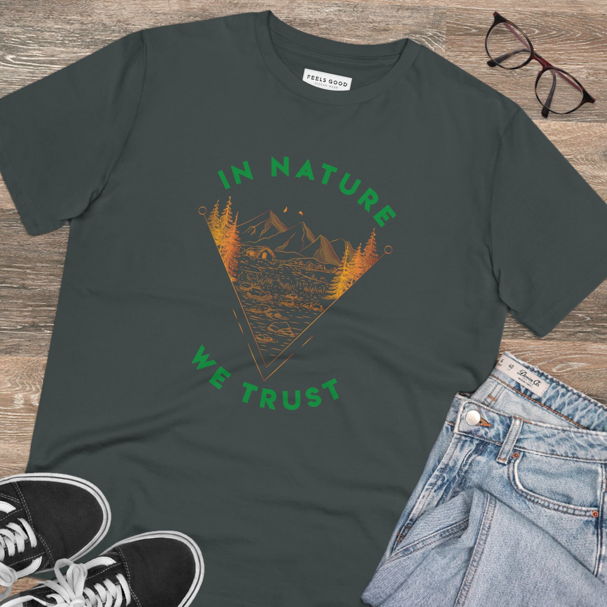 The organic cotton 'In Nature We Trust' t-shirt is the best travel clothing for men.