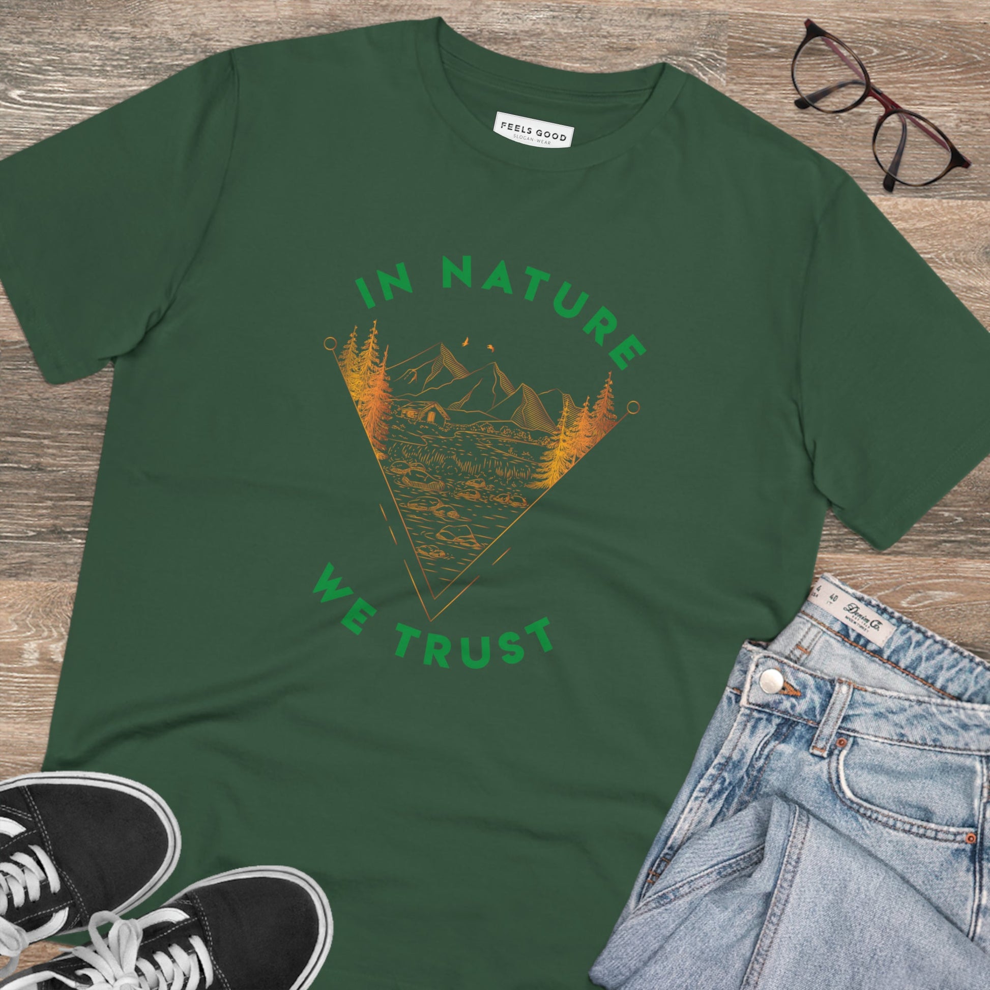 Organic cotton 'In Nature We Trust' t-shirt makes the perfect adventure T-shirt for every trip.