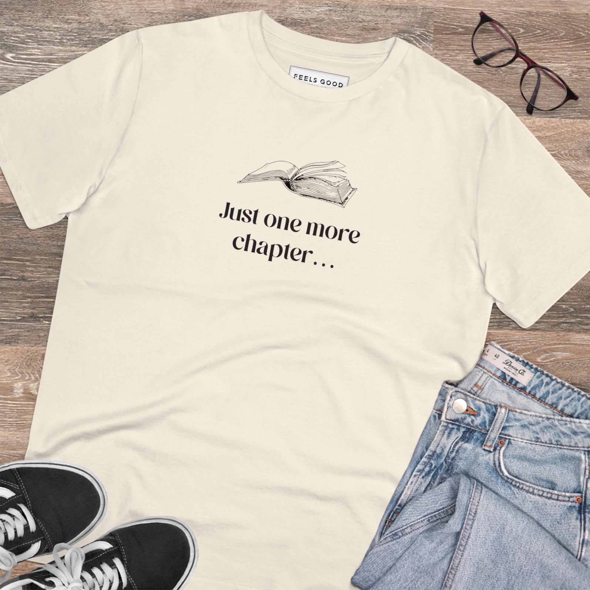 Organic Cotton 'Just One More Chapter…' Books T-shirt for fans of throwback music aesthetics

