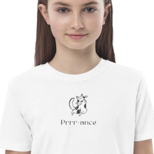 Organic Cotton 'Prance' Kids Funny Cat T-shirt for children with animal print.