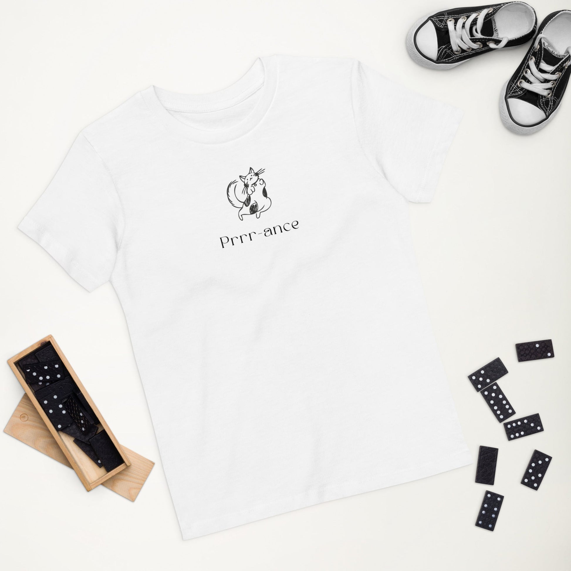 Organic Cotton 'Prance' Kids Funny Cat T-shirt, cute cat design for kids.
