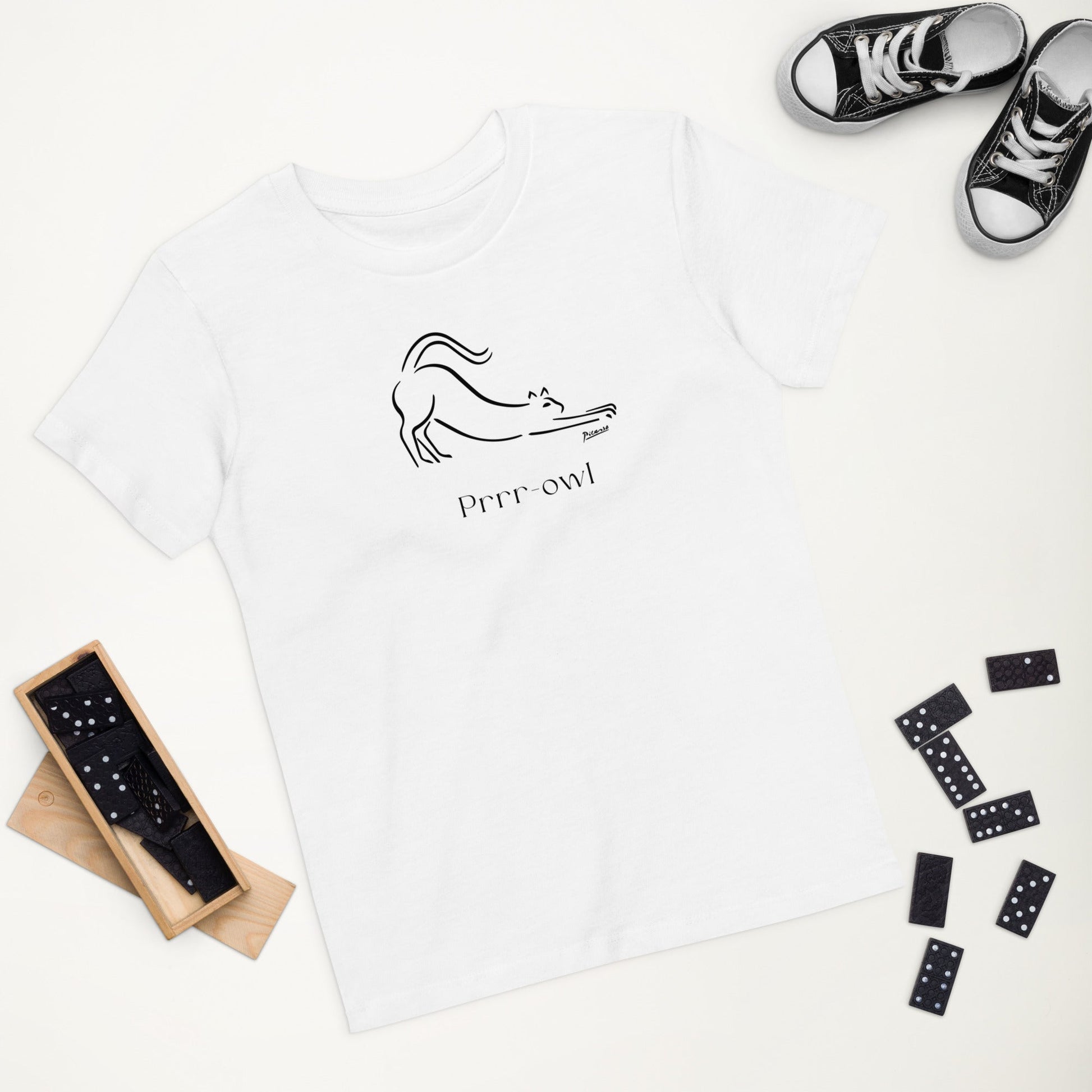 Stylish organic cotton 'Prowl Cat' kids funny cat t-shirt—perfect gender neutral kids clothes.