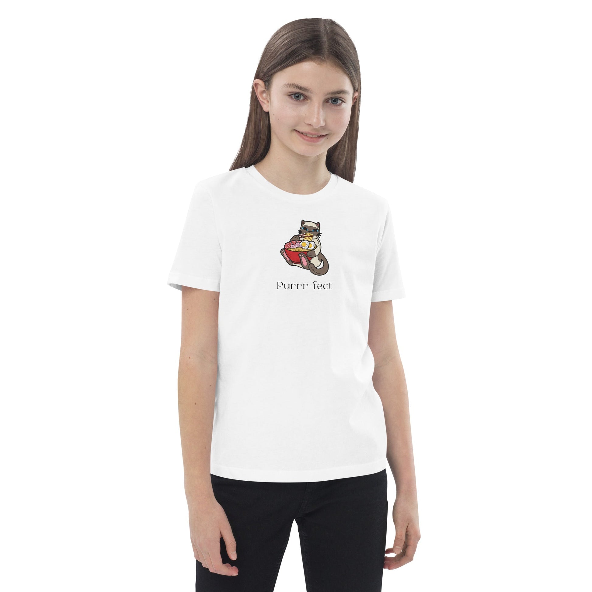 Gender neutral Organic Cotton 'Purrfect' cat t-shirt for stylish kids

