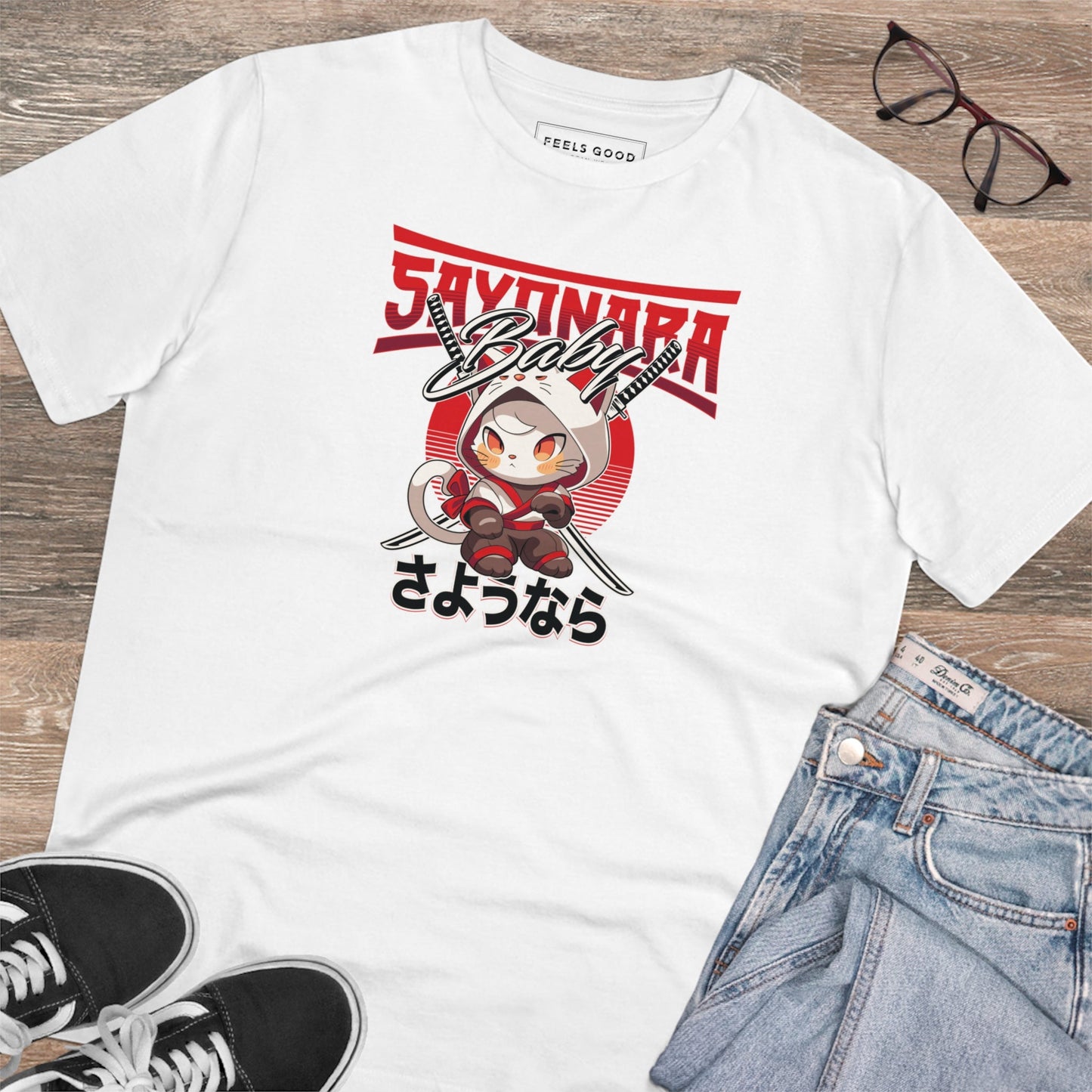 Organic Cotton 'Sayonara' Japanese Funny Cat T-shirt - Fun Cat T shirt