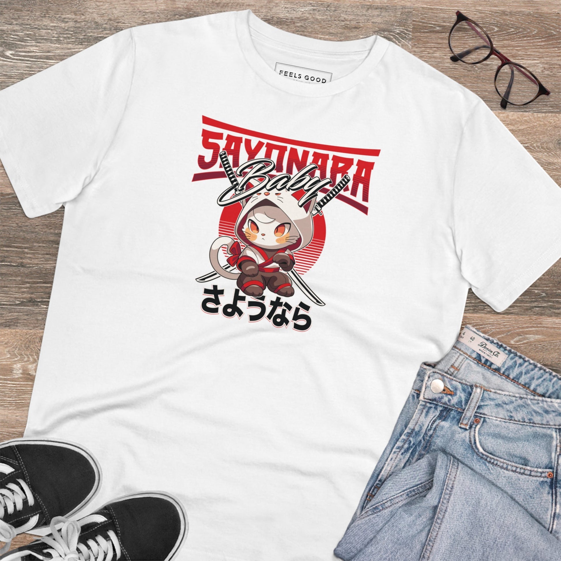 Organic Cotton 'Sayonara' Japanese Funny Cat T-shirt - Fun Cat T shirt