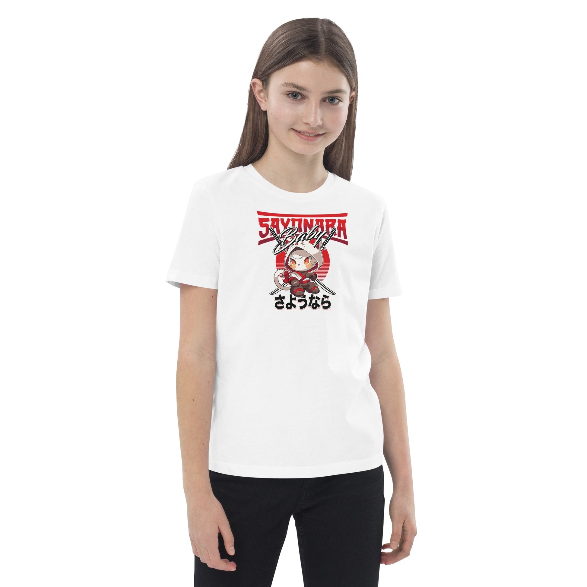 Cute Organic Cotton 'Sayonara' Funny Cat T-shirt for kids, great animal print t shirts children.