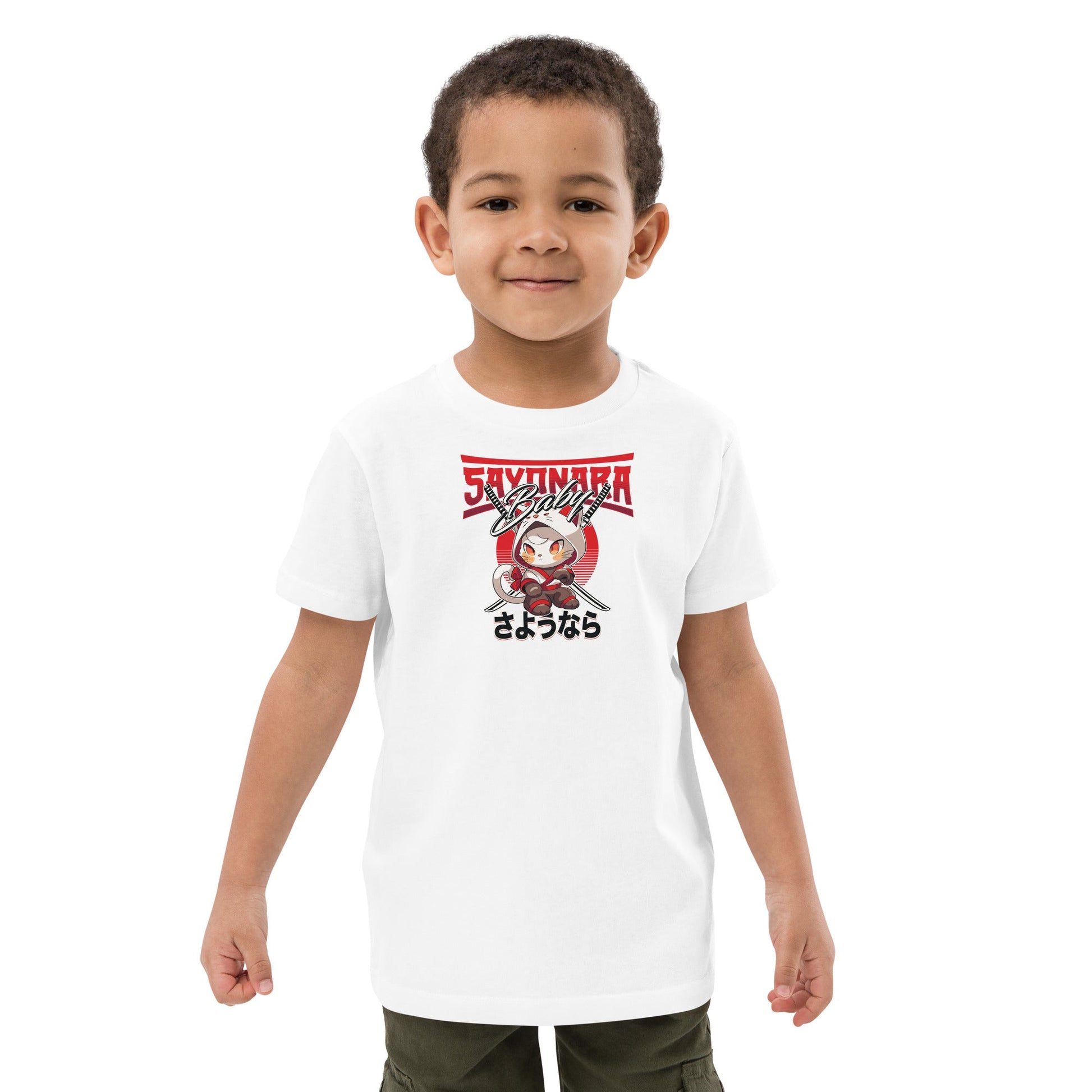 Gender neutral kids clothes with the Organic Cotton 'Sayonara' Funny Cat T-shirt.