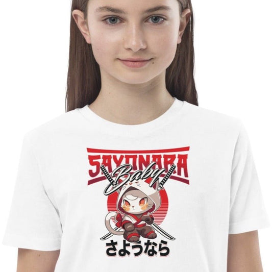 Organic Cotton 'Sayonara' Japanese Kids Funny Cat T-shirt – perfect childrens animal print t shirts.