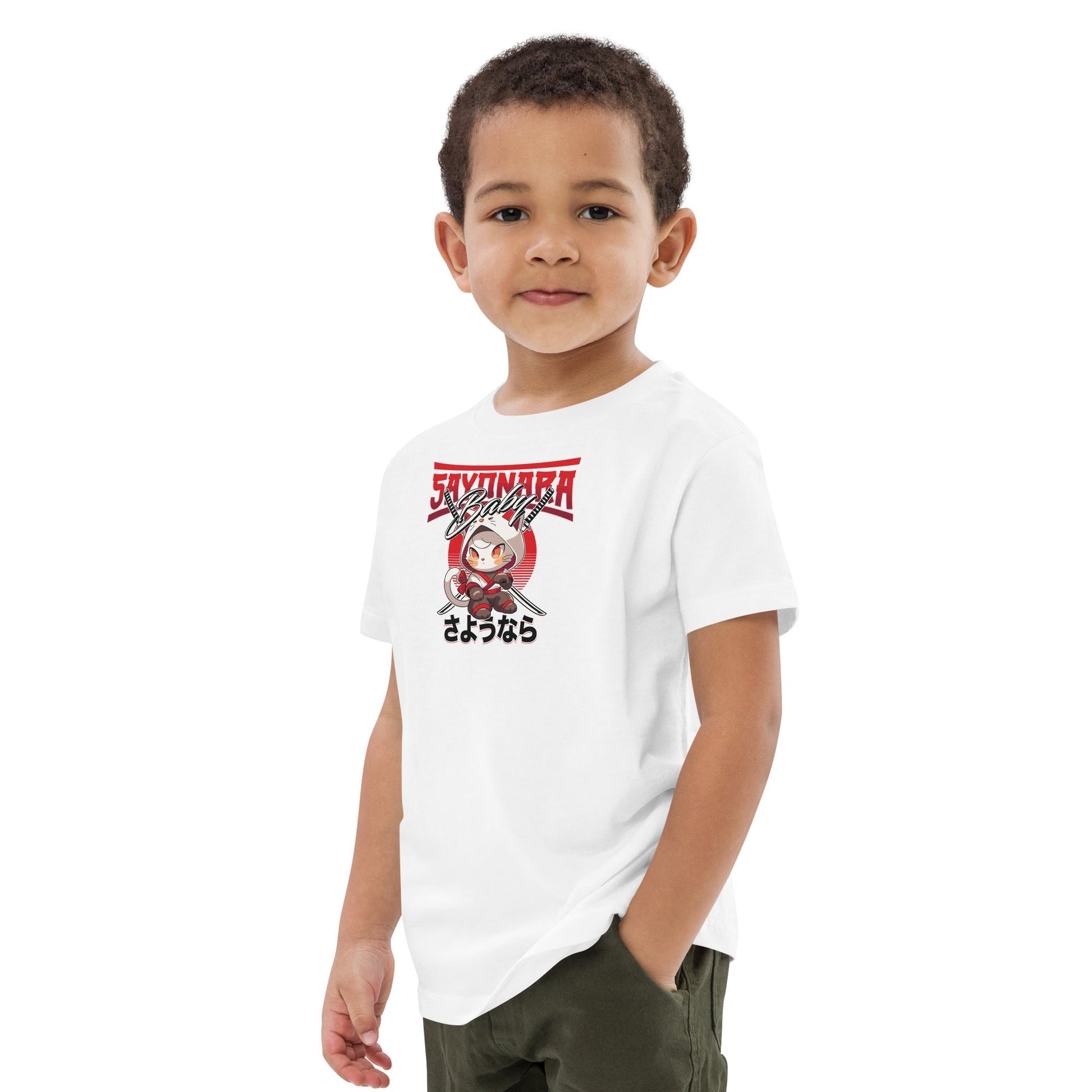 Shop Organic Cotton 'Sayonara' Japanese Kids Funny Cat T-shirt for fun cat t-shirts.