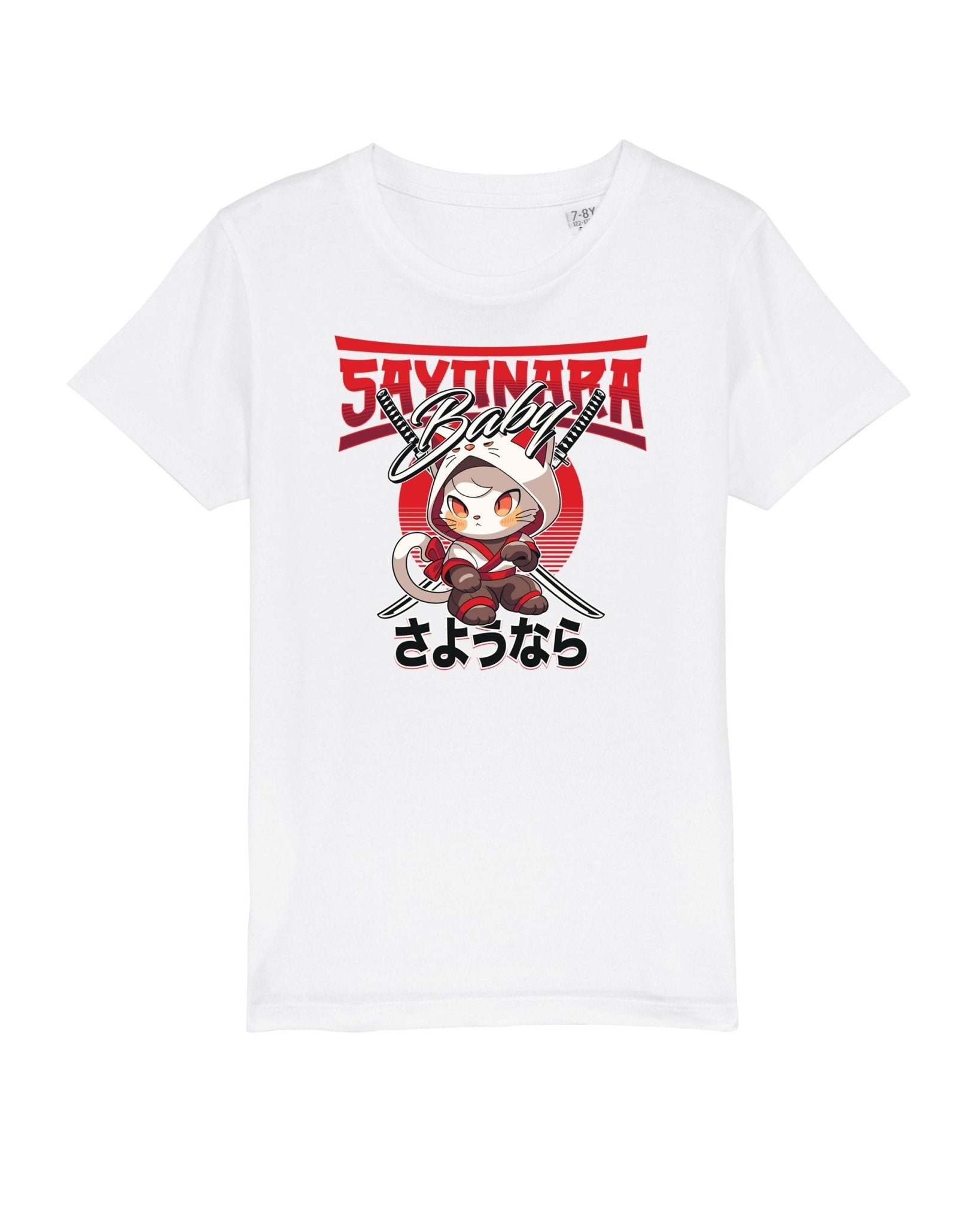 Organic Cotton 'Sayonara' Kids Funny Cat T-shirt, perfect hello kitty outfit for children.