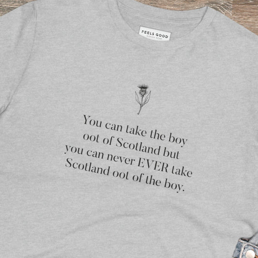 Wear the organic cotton 'Scottish Boy Always' Scotland t-shirt and embrace Scottish outfit heritage.