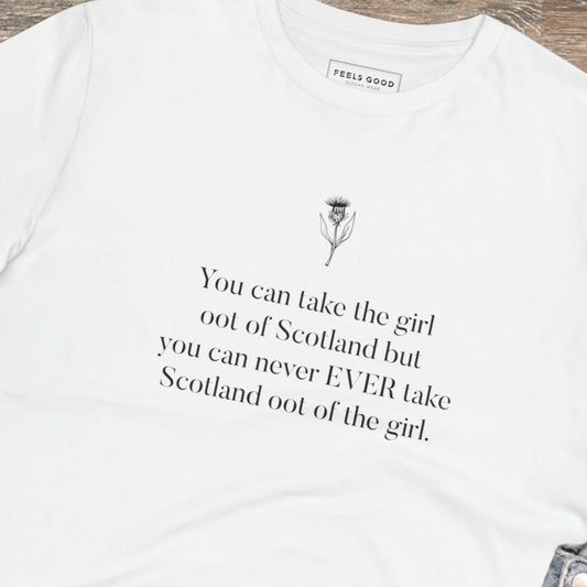 Wear the organic cotton 'Scottish Girl Always' Scotland t-shirt—a comfy nod to Scottish clothing.