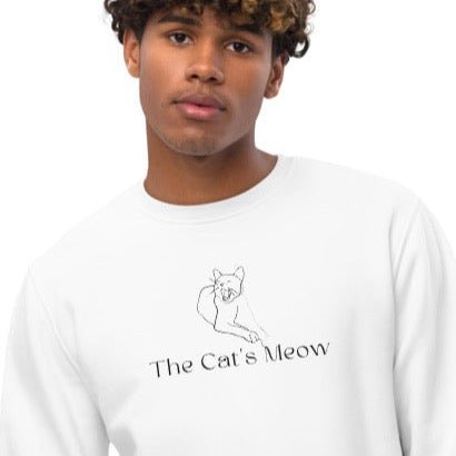 Get cozy in the Organic Cotton 'The Cats Meow' Funny Cat Sweatshirt – top pick for animal lover sweatshirts.
