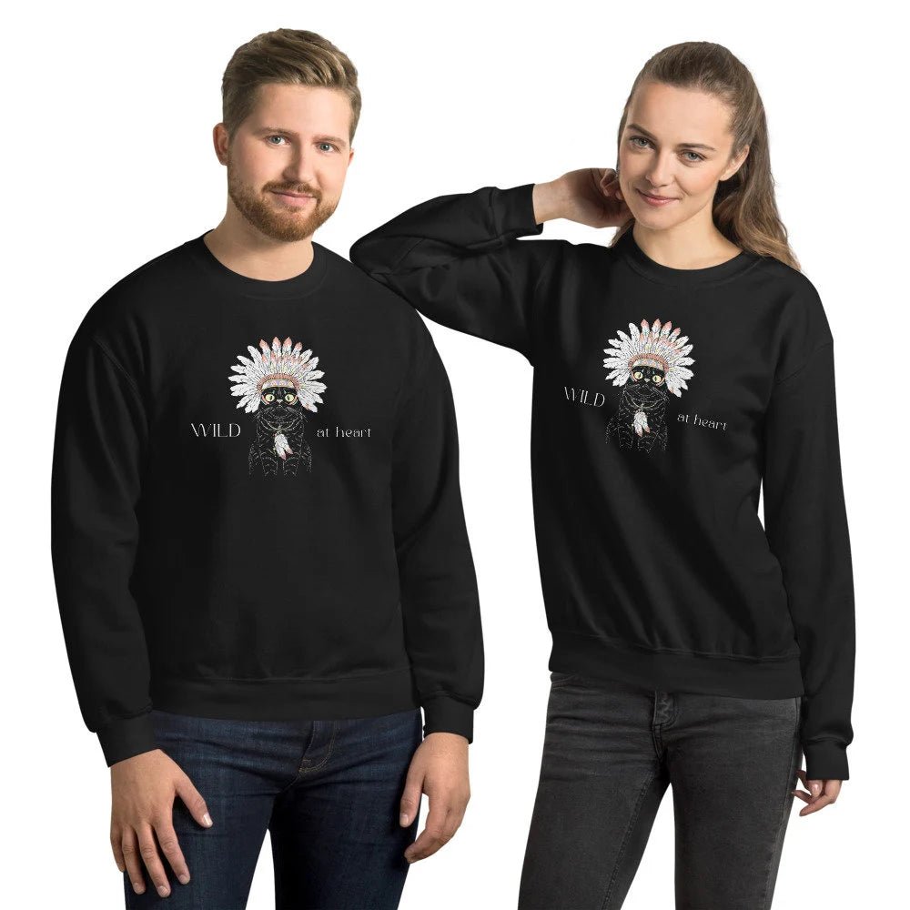 Stay cozy in the Organic Cotton 'Wild At Heart' Funny Cat Sweatshirt – ideal for cat sweatshirt fans.
